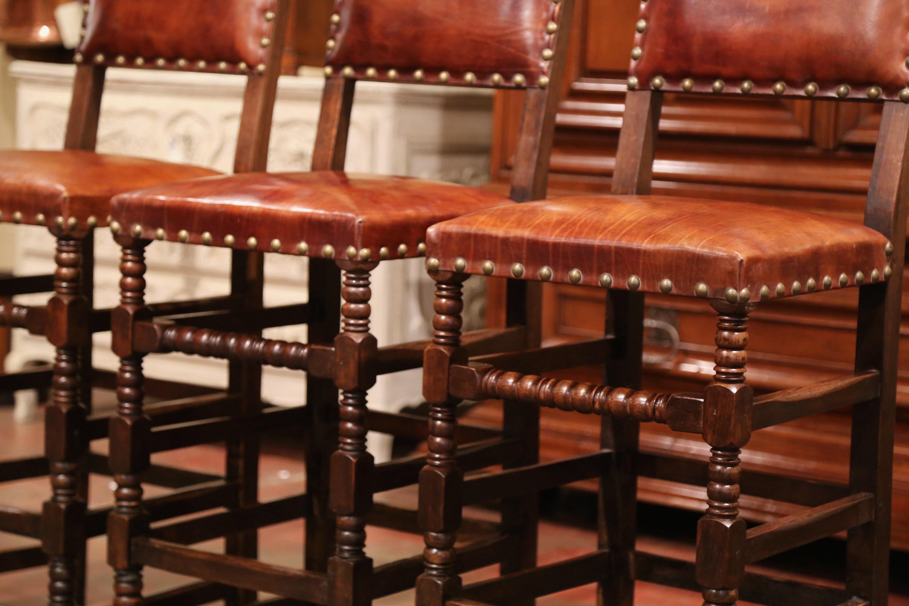 Set of Three 19th Century French Carved Oak and Brown Leather Bar Stools 3