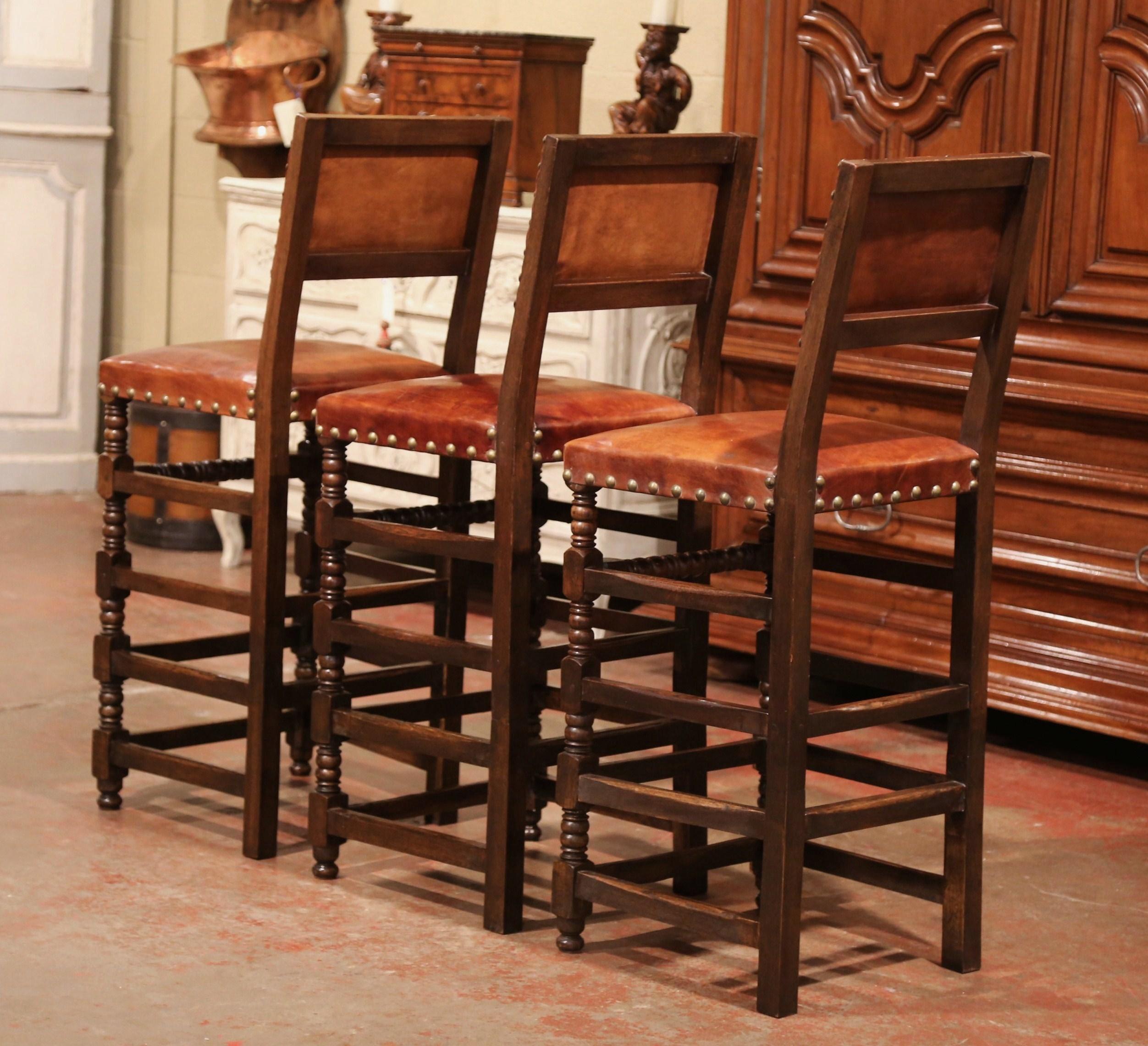 Set of Three 19th Century French Carved Oak and Brown Leather Bar Stools 4