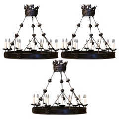 Antique Set of Three 19th Century French Gothic Twelve-Light Forged Iron Chandeliers