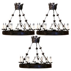 Set of Three 19th Century French Gothic Twelve-Light Forged Iron Chandeliers