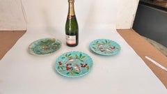 Set of Three 19th-Century French Majolica Plates – Birds, Vegetation & Fruits