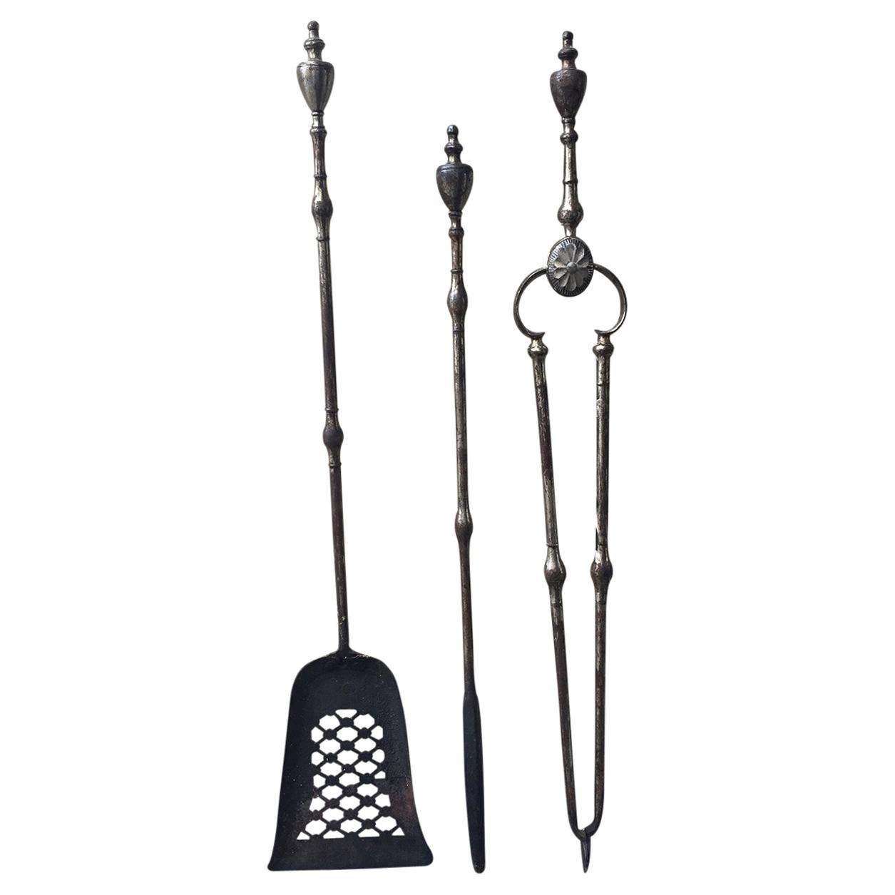 Set of Three 19th Century Georgian Style Steel Fire Tools, Shovel, Poker, Tongs