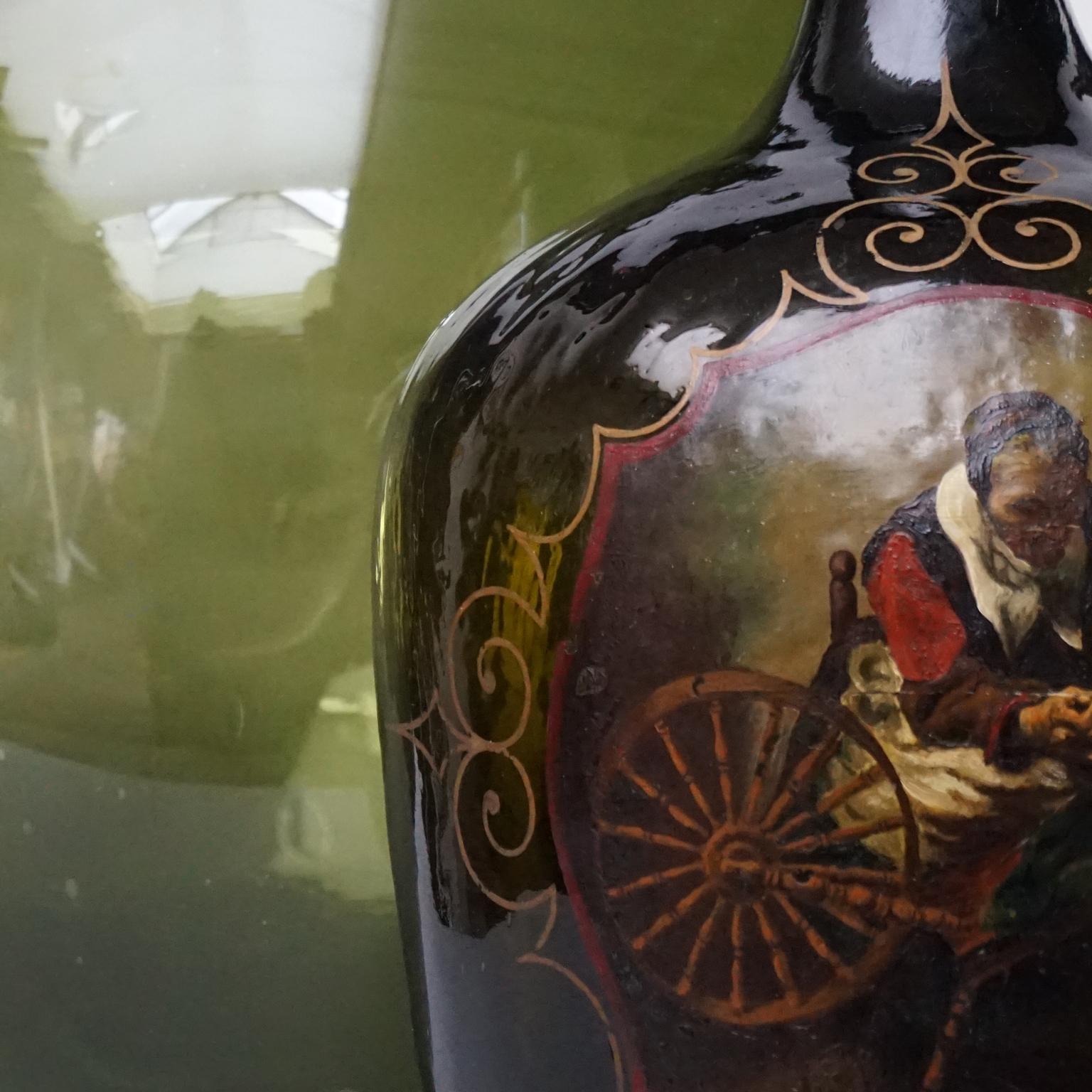 Hand-Painted Set of Three 19th Century Italian Blown Demijohn or Damigiana Glass Bottles