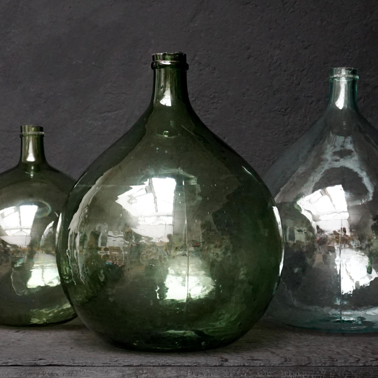 Set of Three 19th Century Large Blown Dame Jeanne, Bonbonne Green Glass Bottles 4