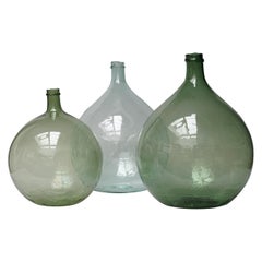 Antique Set of Three 19th Century Large Blown Dame Jeanne, Bonbonne Green Glass Bottles