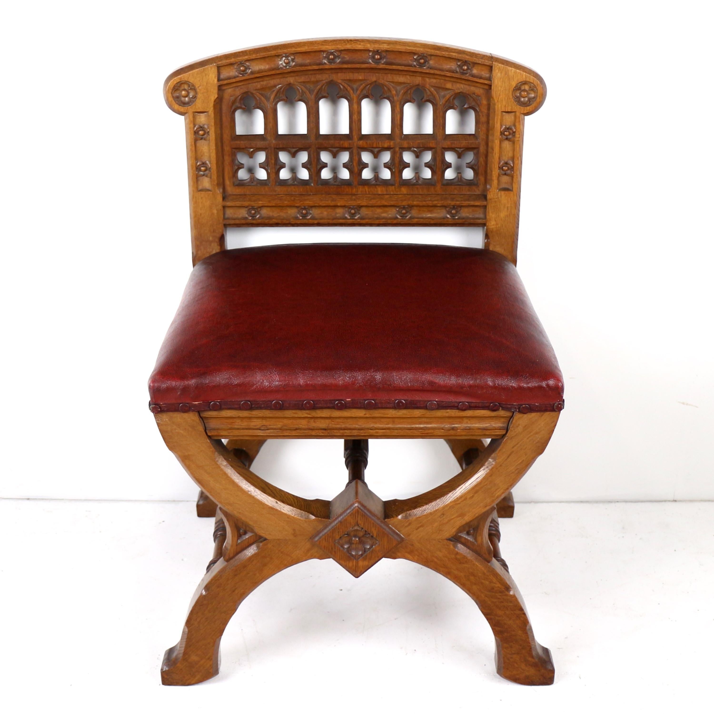 Set of three 19th Century Pugin style Gothic Revival Altar or Hall Chairs 8