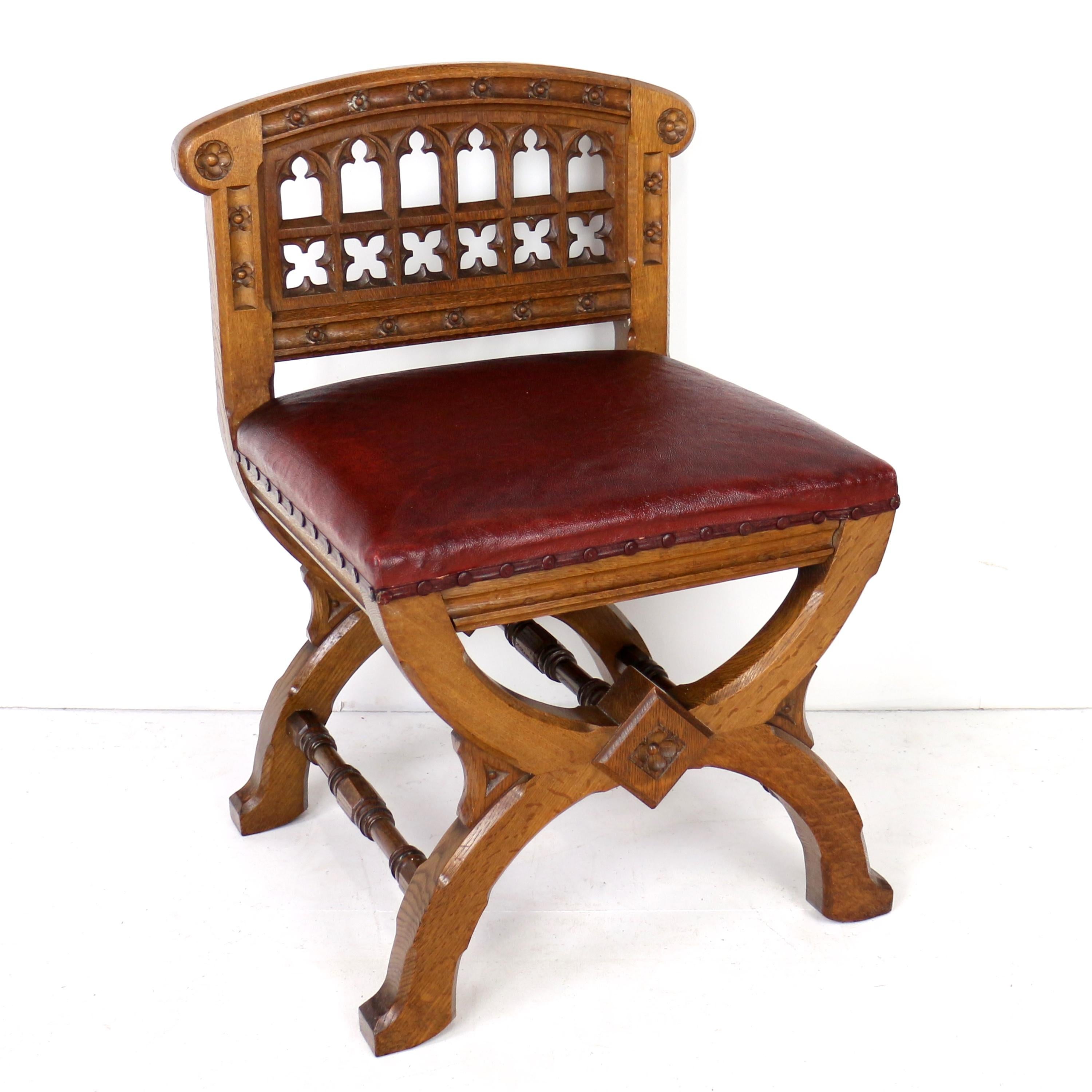Set of three 19th Century Pugin style Gothic Revival Altar or Hall Chairs 9
