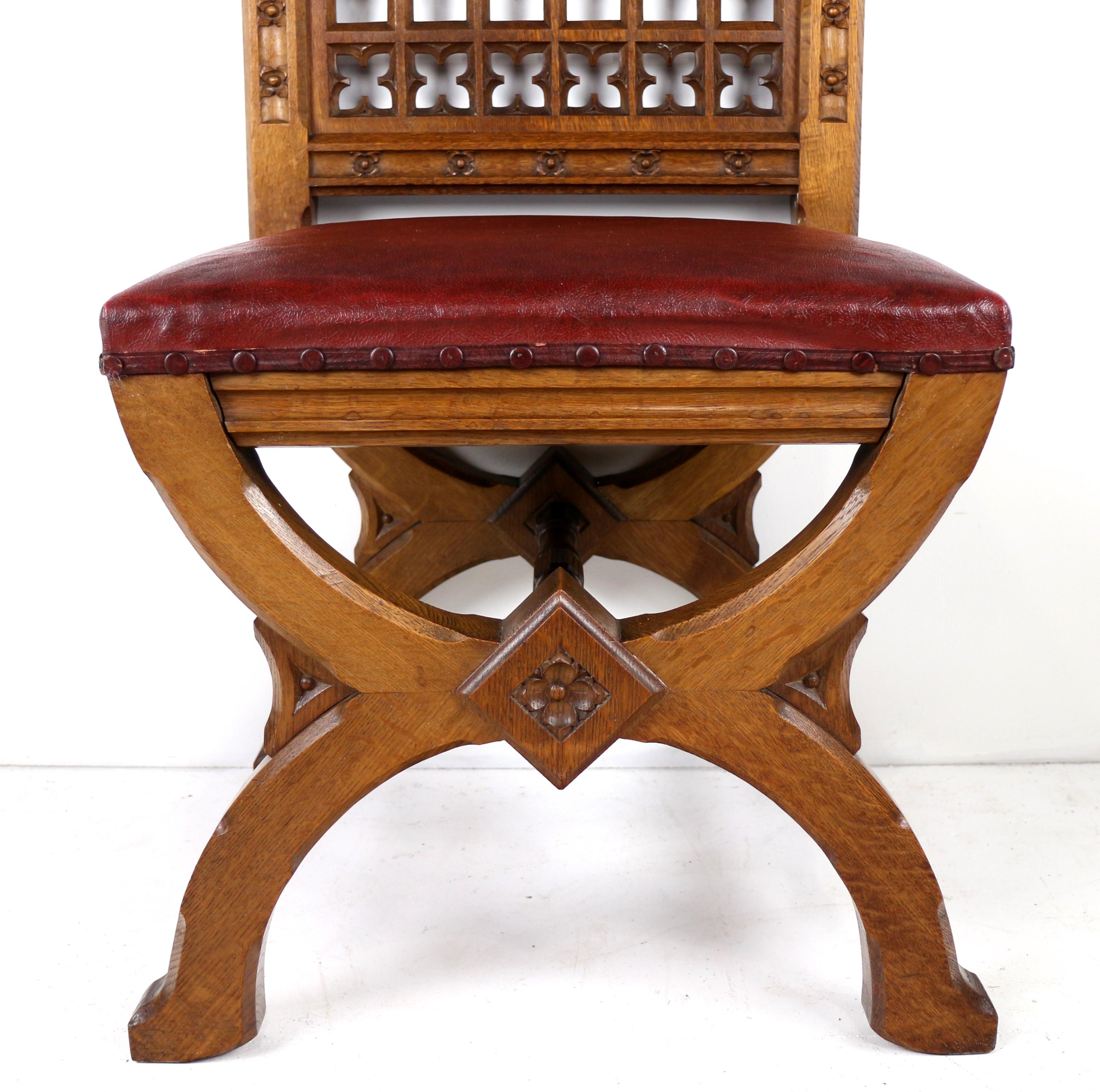 Set of three 19th Century Pugin style Gothic Revival Altar or Hall Chairs 13