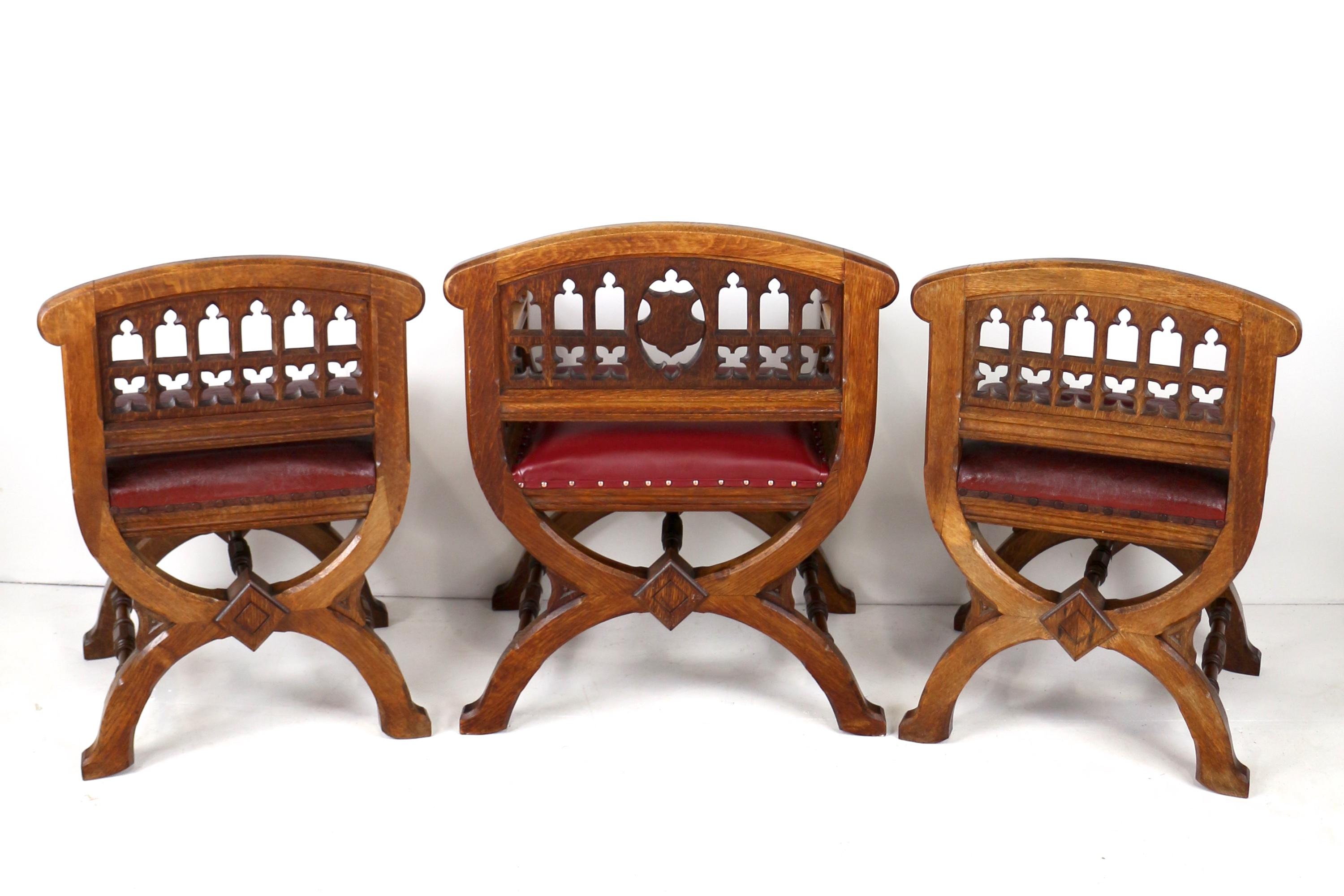 British Set of three 19th Century Pugin style Gothic Revival Altar or Hall Chairs