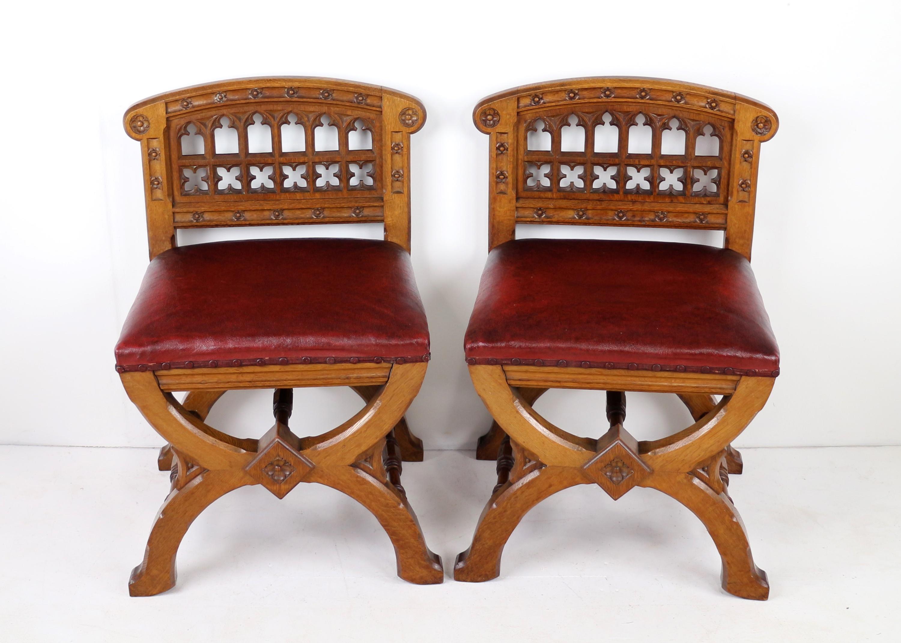 Leather Set of three 19th Century Pugin style Gothic Revival Altar or Hall Chairs
