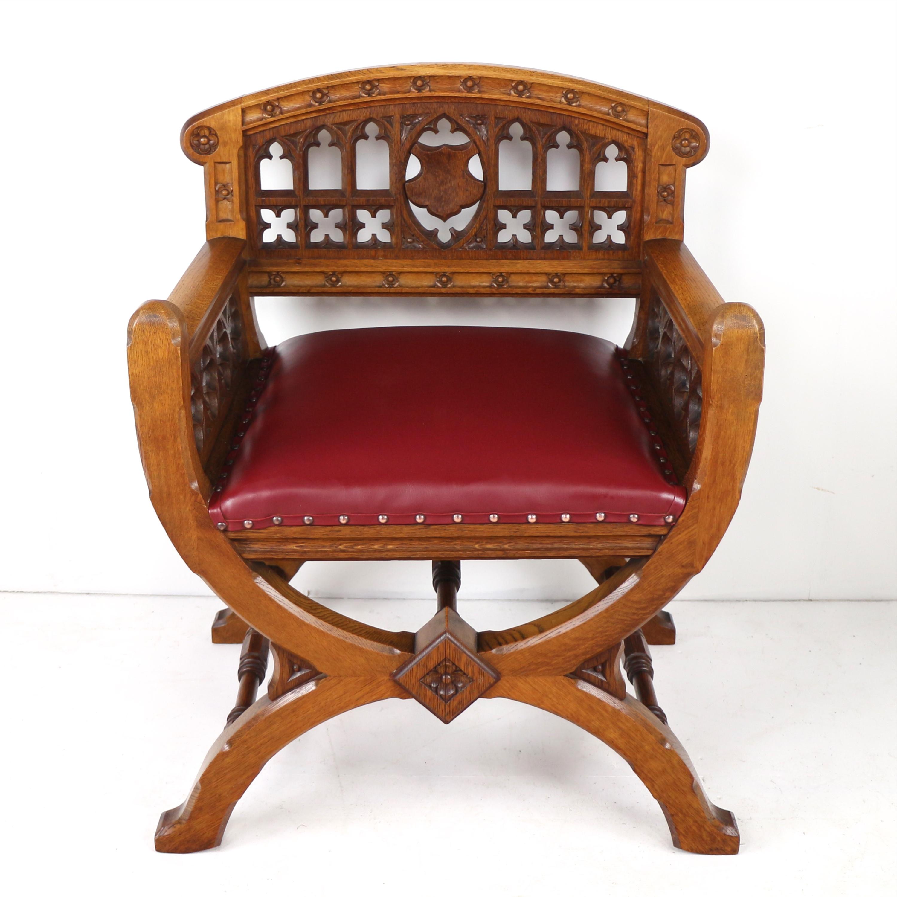 Set of three 19th Century Pugin style Gothic Revival Altar or Hall Chairs 1