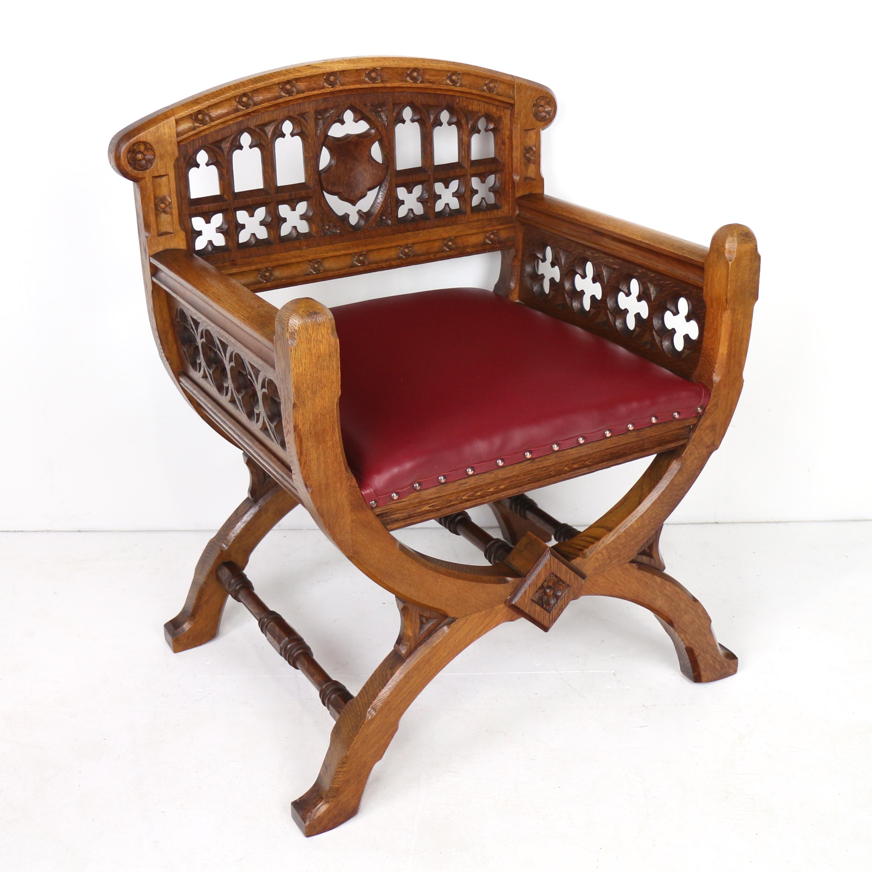 Set of three 19th Century Pugin style Gothic Revival Altar or Hall Chairs 2
