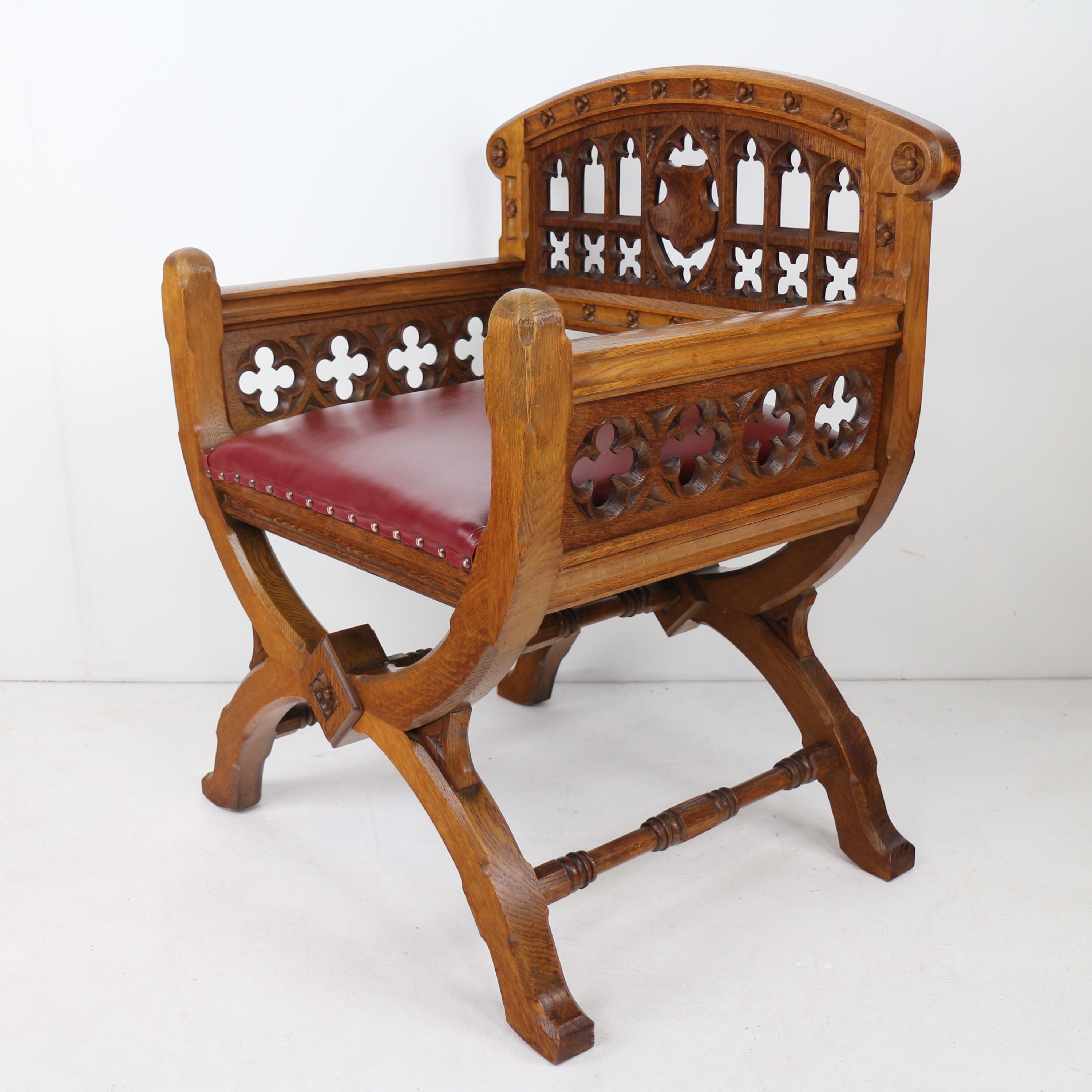 Set of three 19th Century Pugin style Gothic Revival Altar or Hall Chairs 3