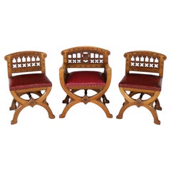 Set of three 19th Century Pugin style Gothic Revival Altar or Hall Chairs