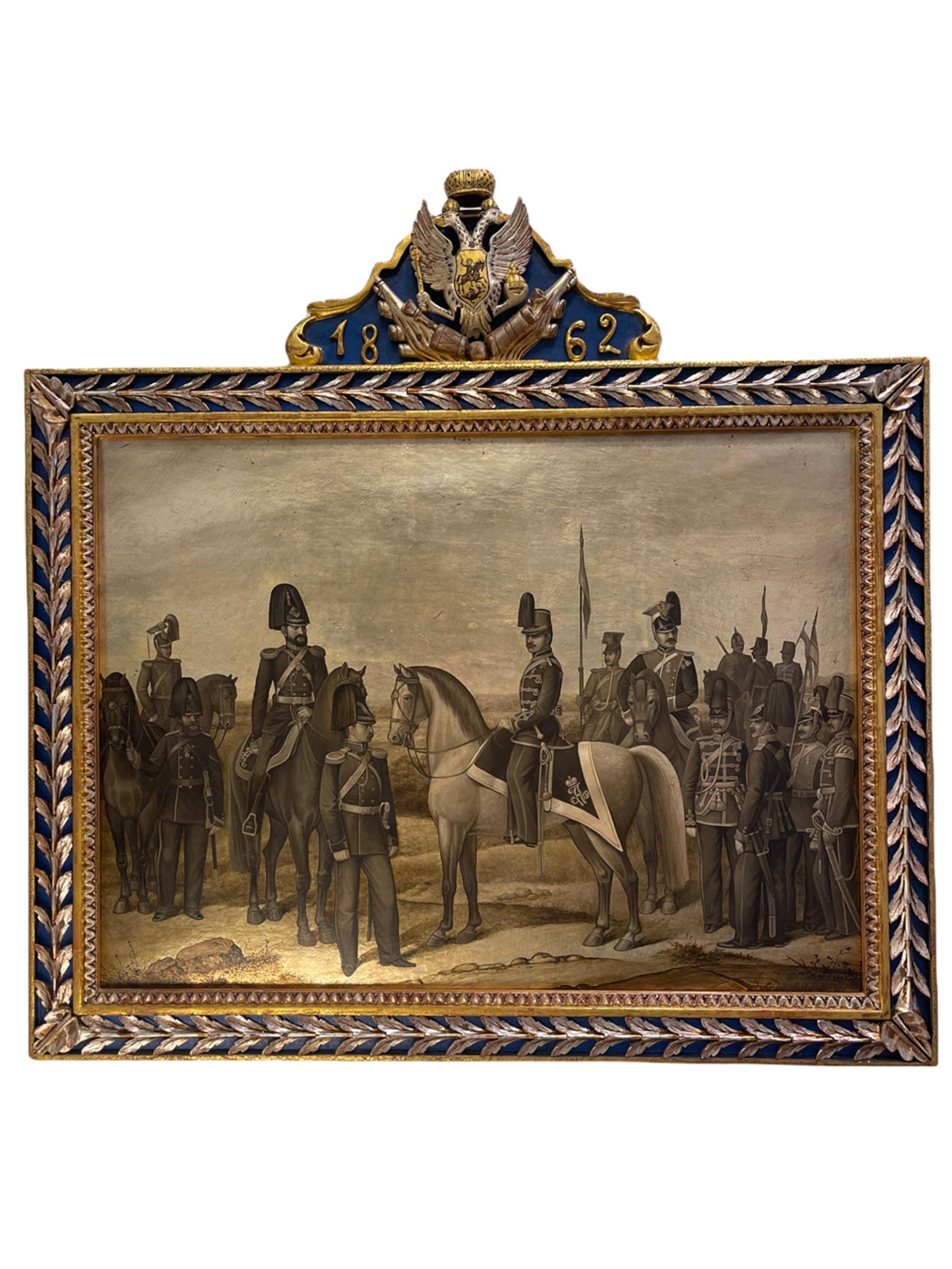 A set of three Russian Military presentation plaques that were made for a military celebration commemorating battles in the years of 1859, 1862 and 1864. They were given as gifts to members for their achievements. These paintings were painted with