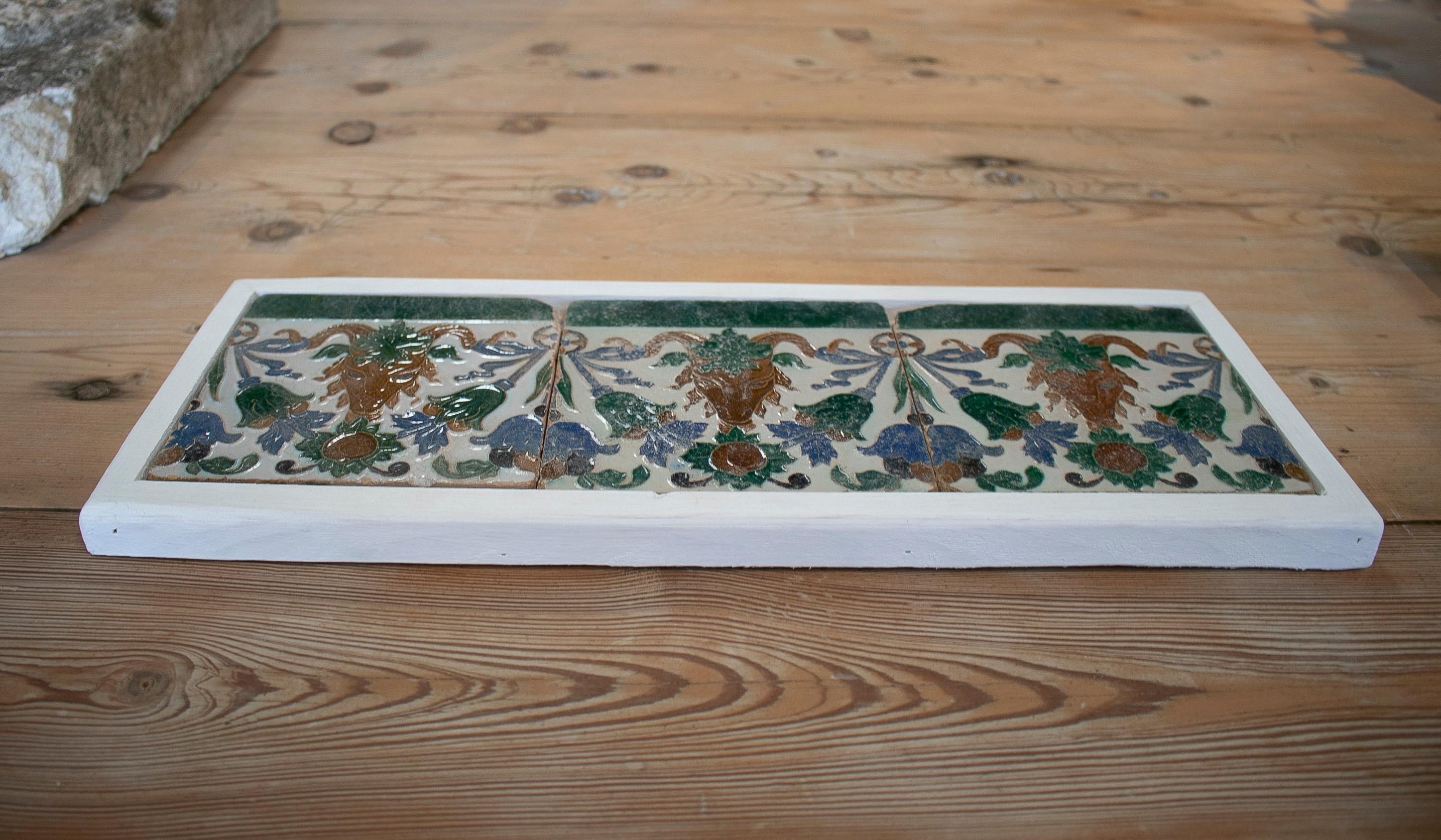 Set of Three 19th Century Spanish Hand Painted Glazed Ceramic Patterned Tiles In Good Condition For Sale In Marbella, ES