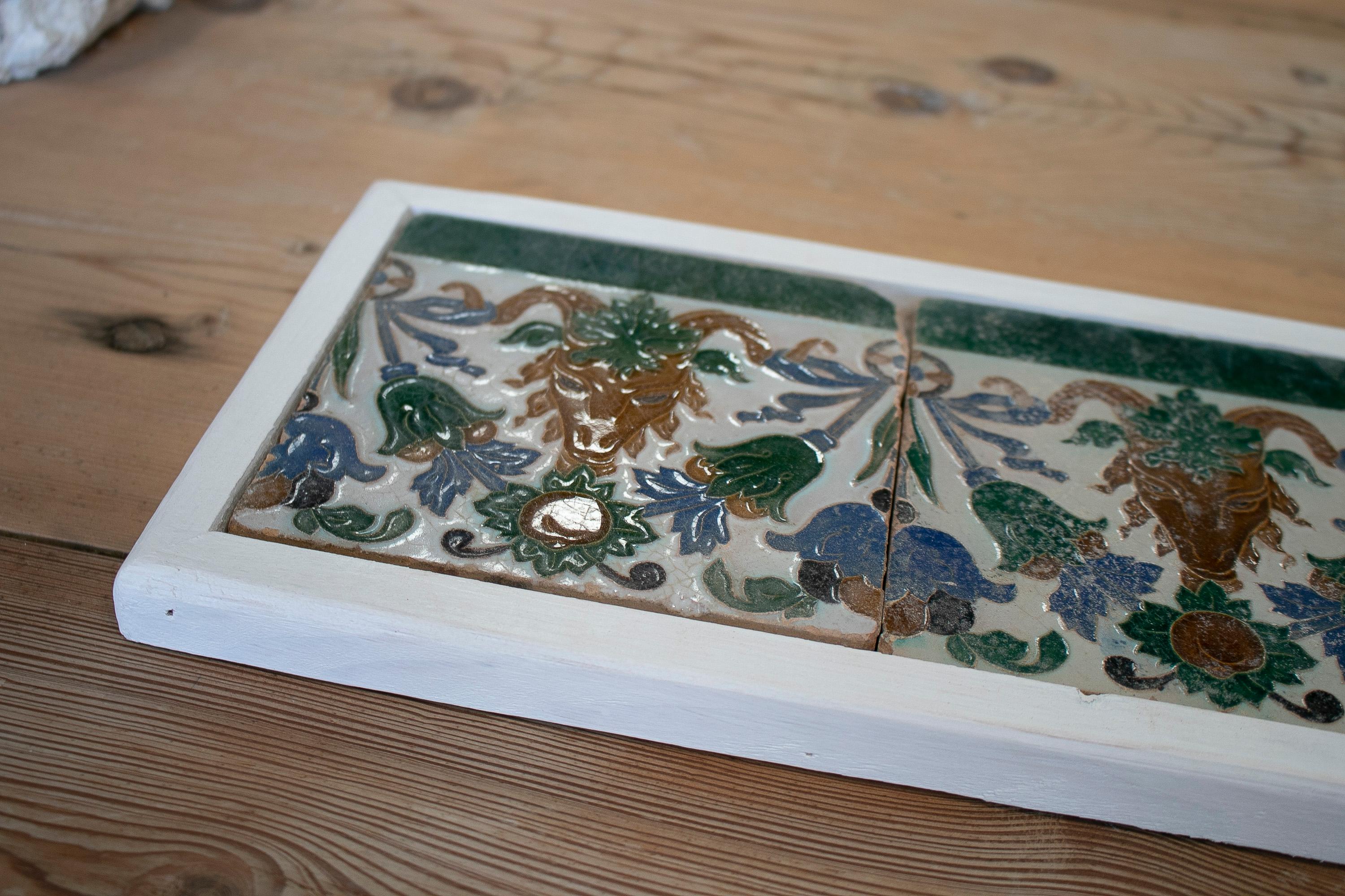 Set of Three 19th Century Spanish Hand Painted Glazed Ceramic Patterned Tiles For Sale 1