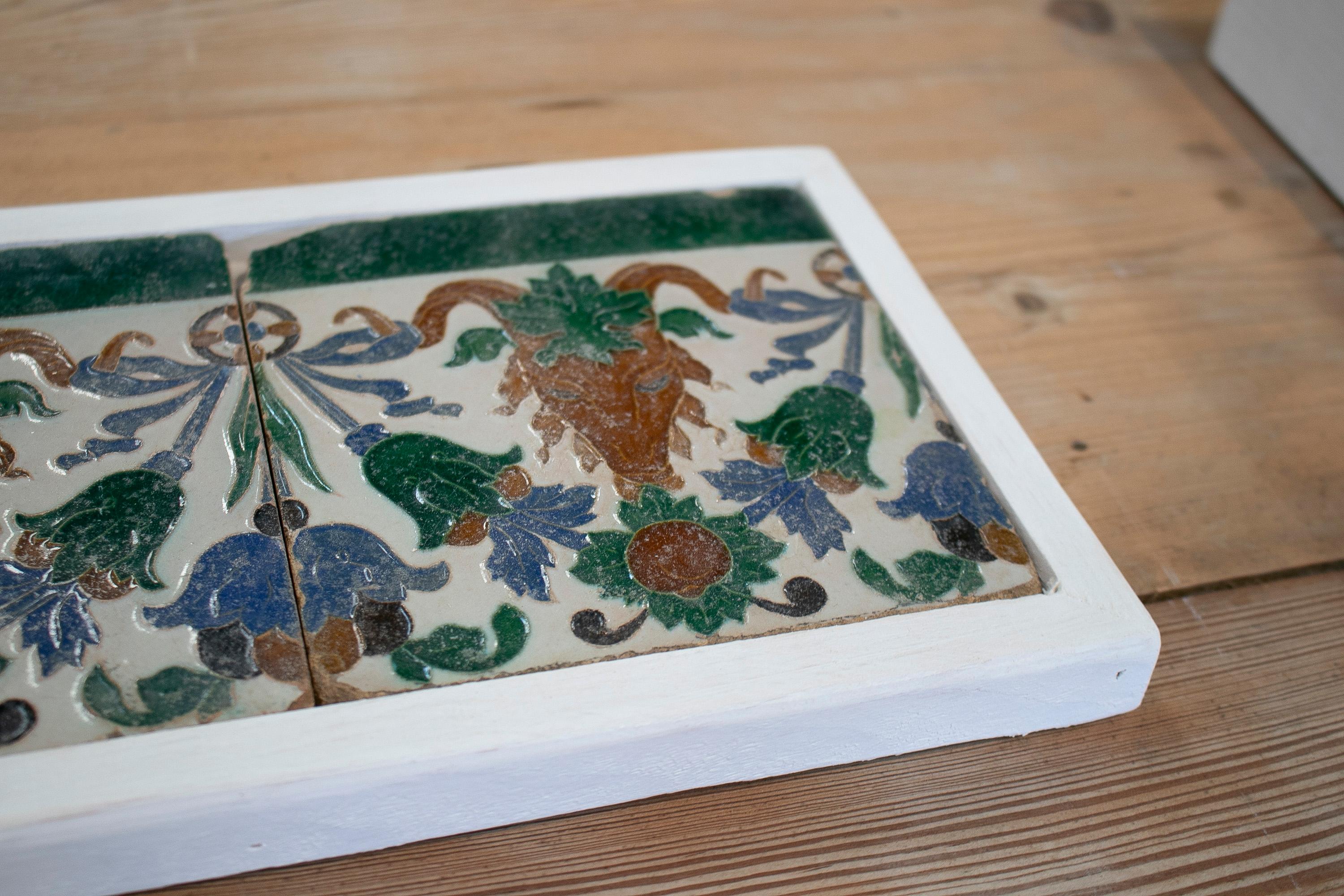 Set of Three 19th Century Spanish Hand Painted Glazed Ceramic Patterned Tiles For Sale 2