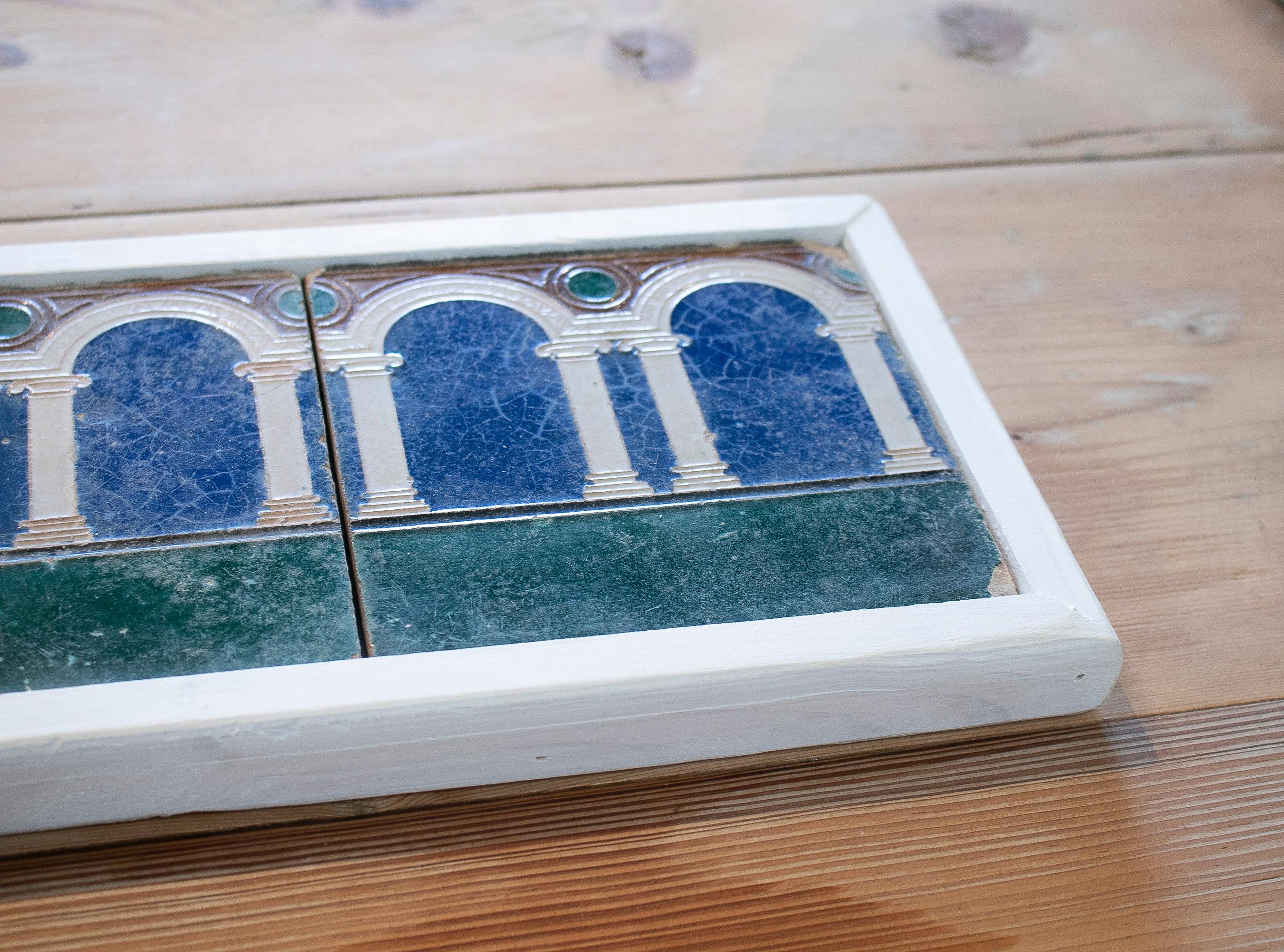 Set of Three 19th Century Spanish Hand Painted Glazed Ceramic Tiles w/ Arches 7