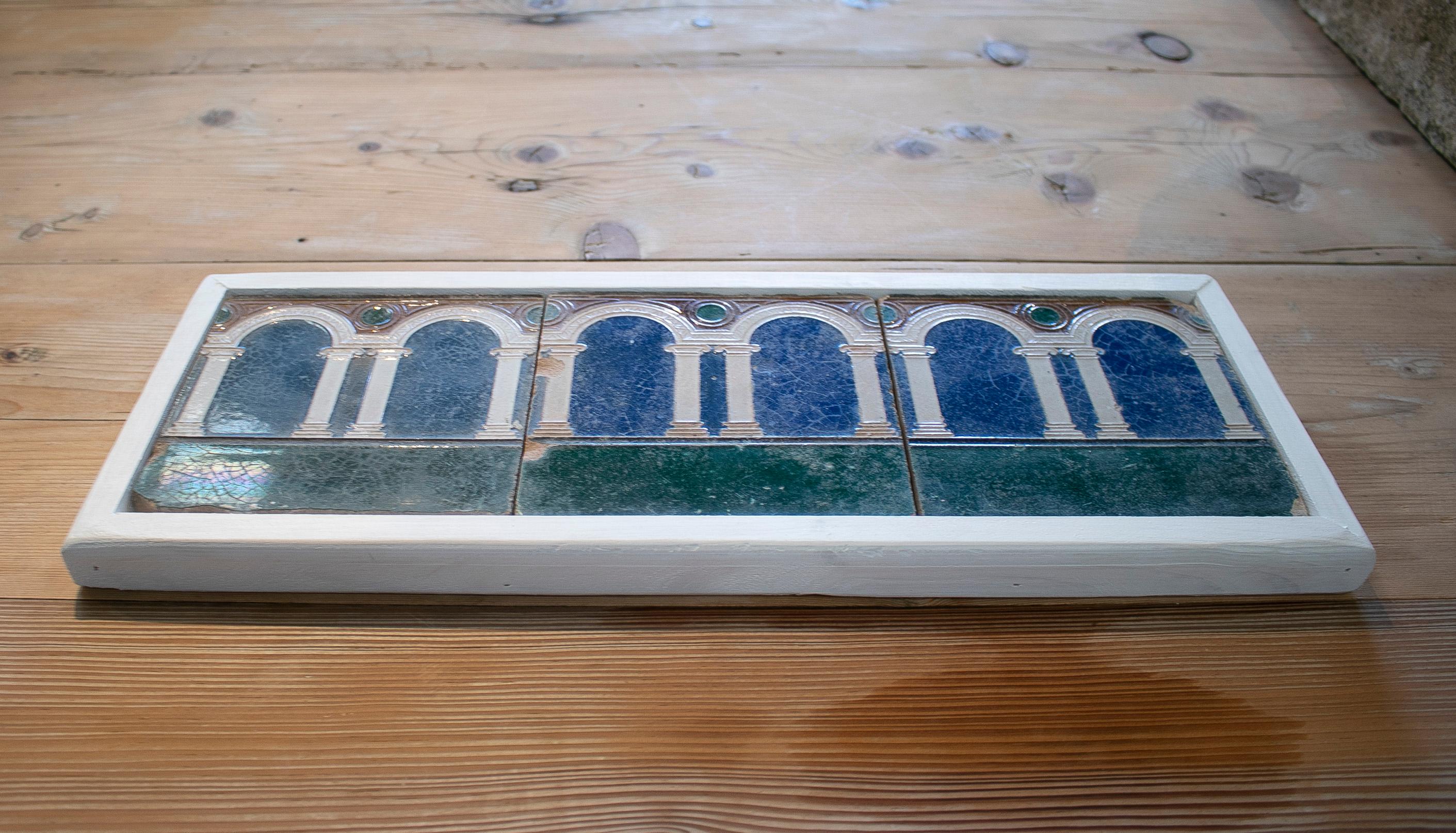 Set three 19th century Spanish hand painted glazed ceramic tiles with arches relief, framed

Dimensions exclude frame.