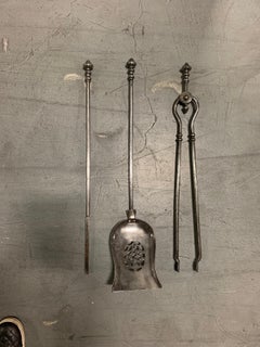 Set of Three 19th Century Steel and Bronze Fire Tools, Poker, Shovel, Tongs
