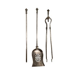 Antique Set of Three 19th Century Steel and Bronze Fire Tools, Poker, Shovel, Tongs