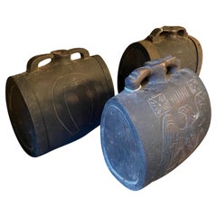 Set of Three 19th Century Three Antique Decorated Wooden Italian Flasks -