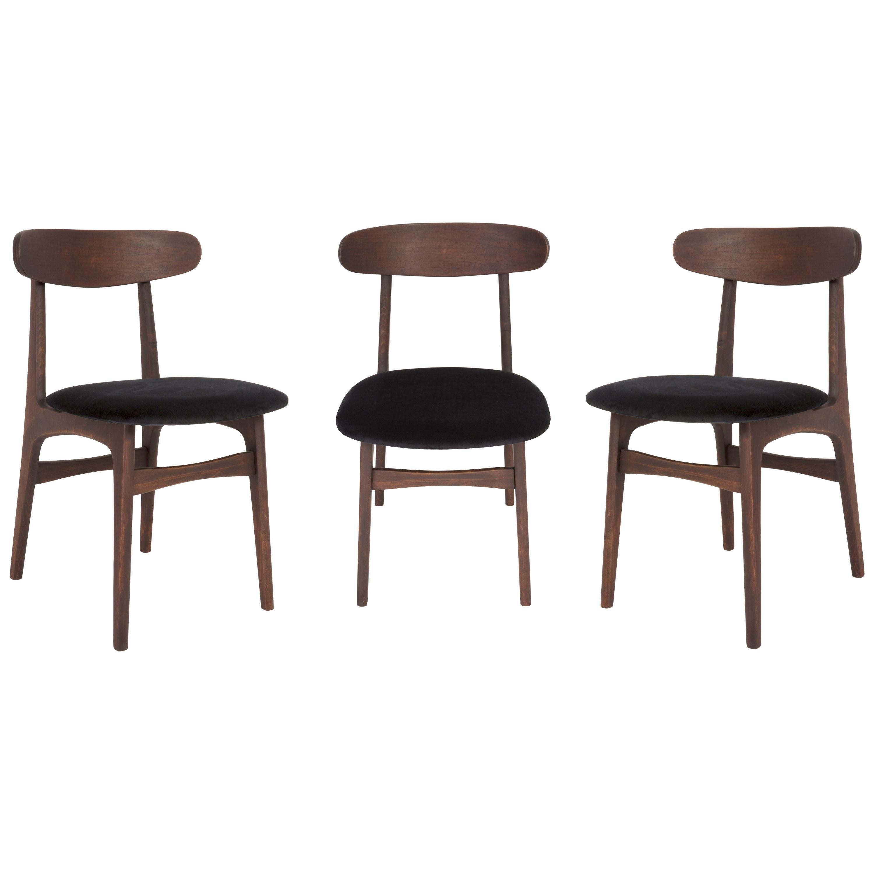 Set of Three 20th Century Black Velvet Chairs, 1960s