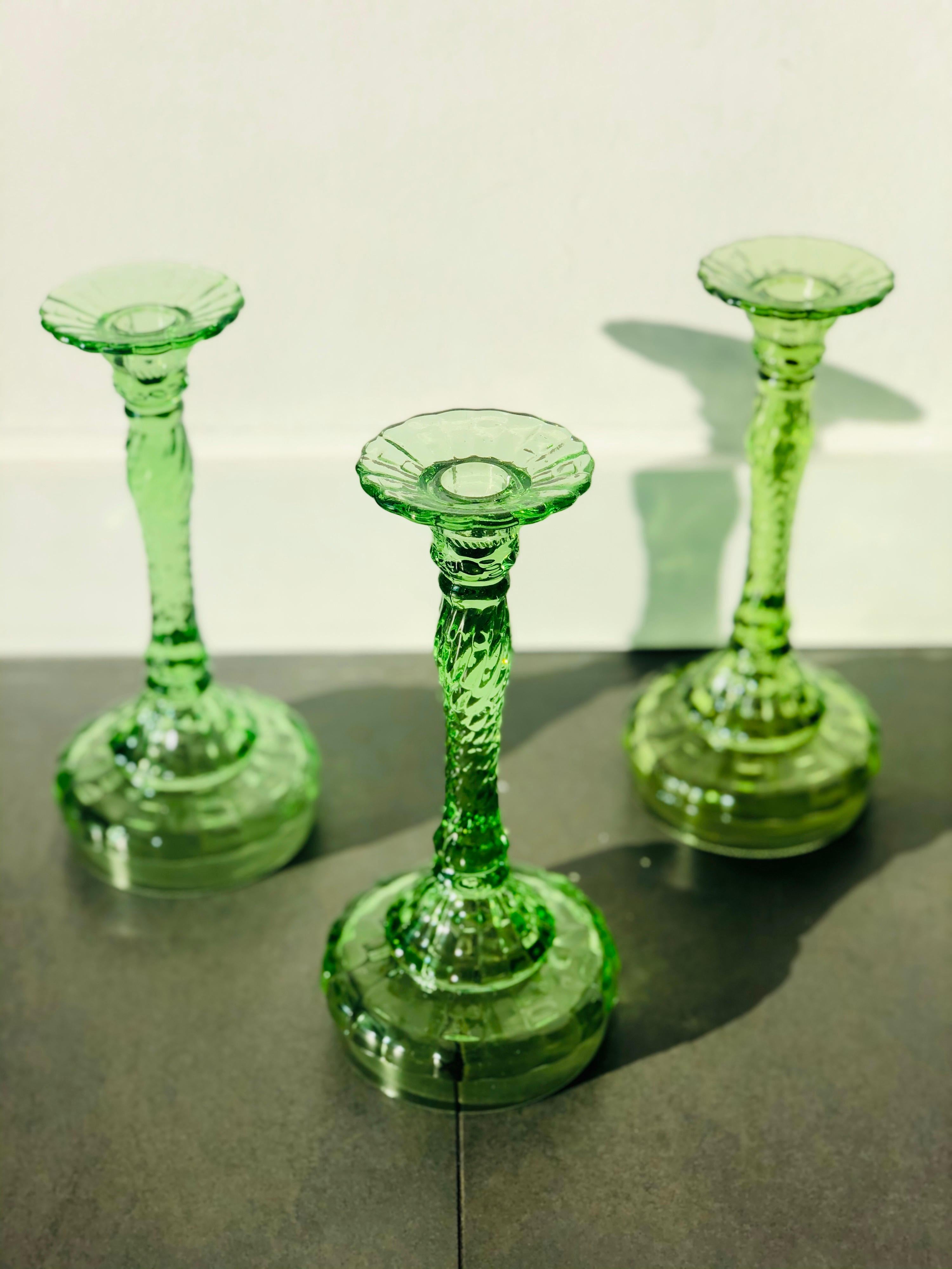 Set of Three 20th Century Green Glass Candlesticks, 1960s 3