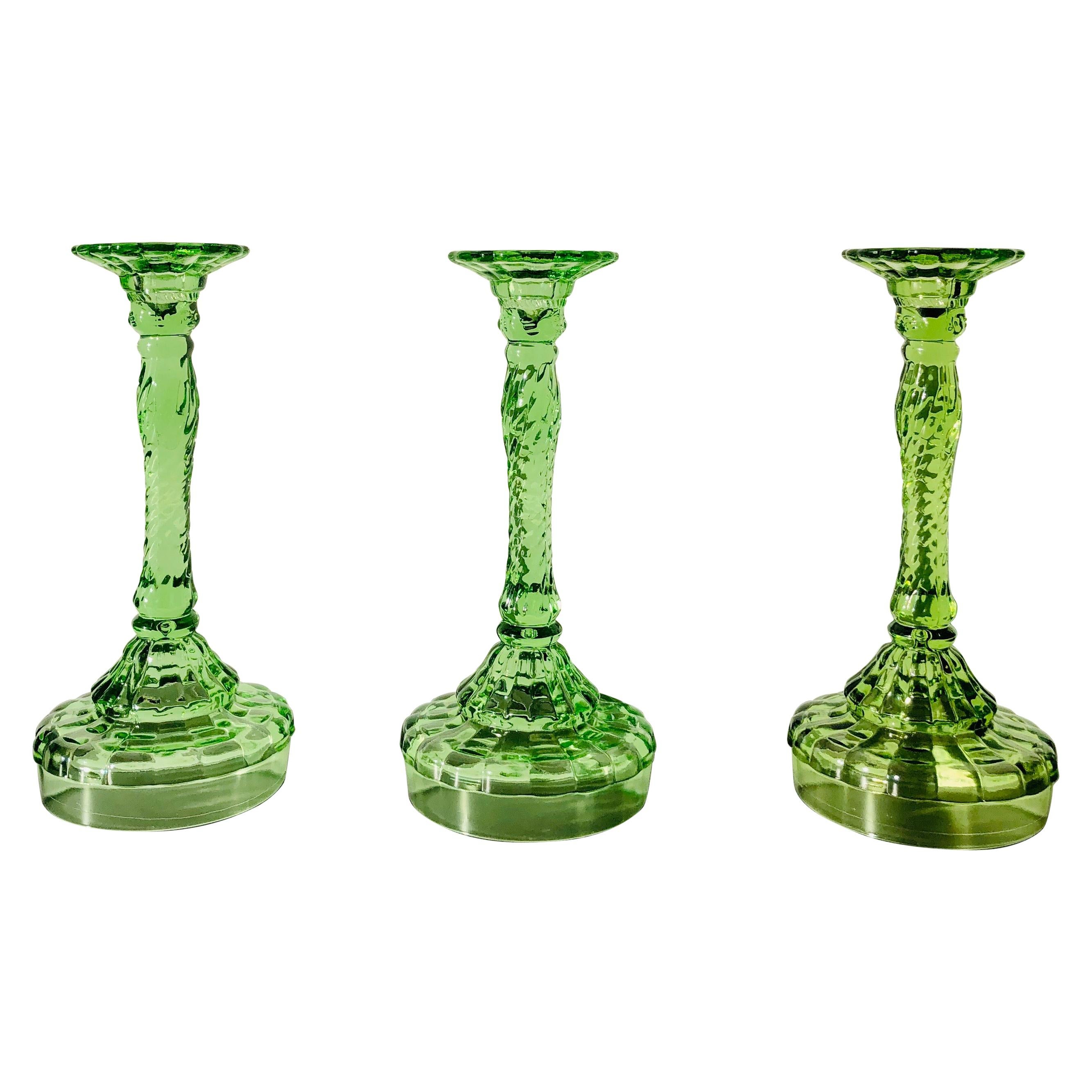 Set of Three 20th Century Green Glass Candlesticks, 1960s at 1stDibs