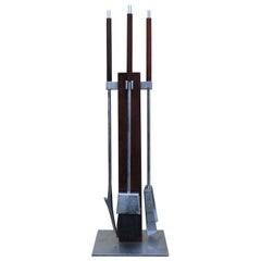 Set of Three 20th Century Rosewood and Stainless Steel Fire Tools on Stand