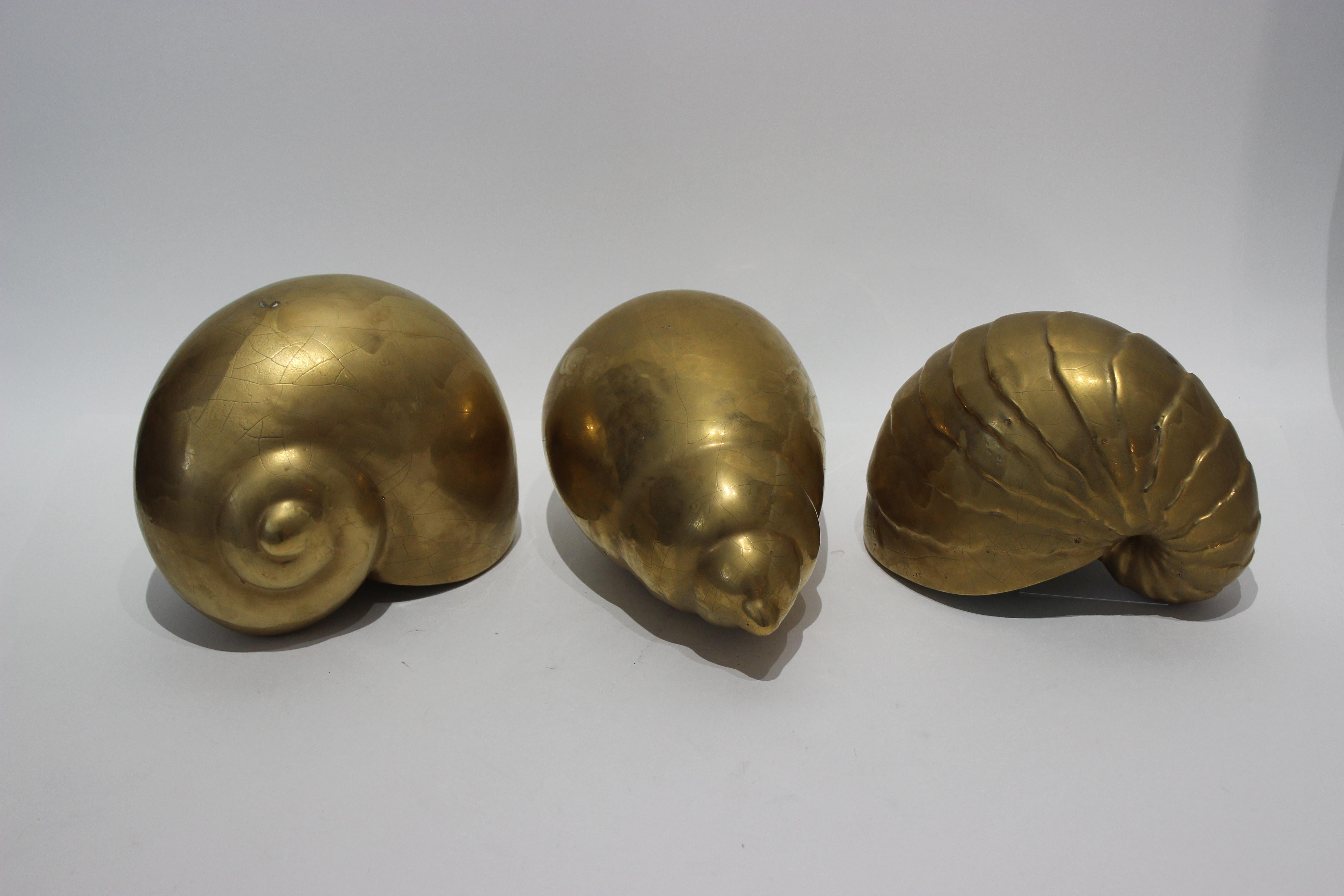 Hollywood Regency Set of Three 22-Karat Gold Glazed Nautical Ceramic Shells