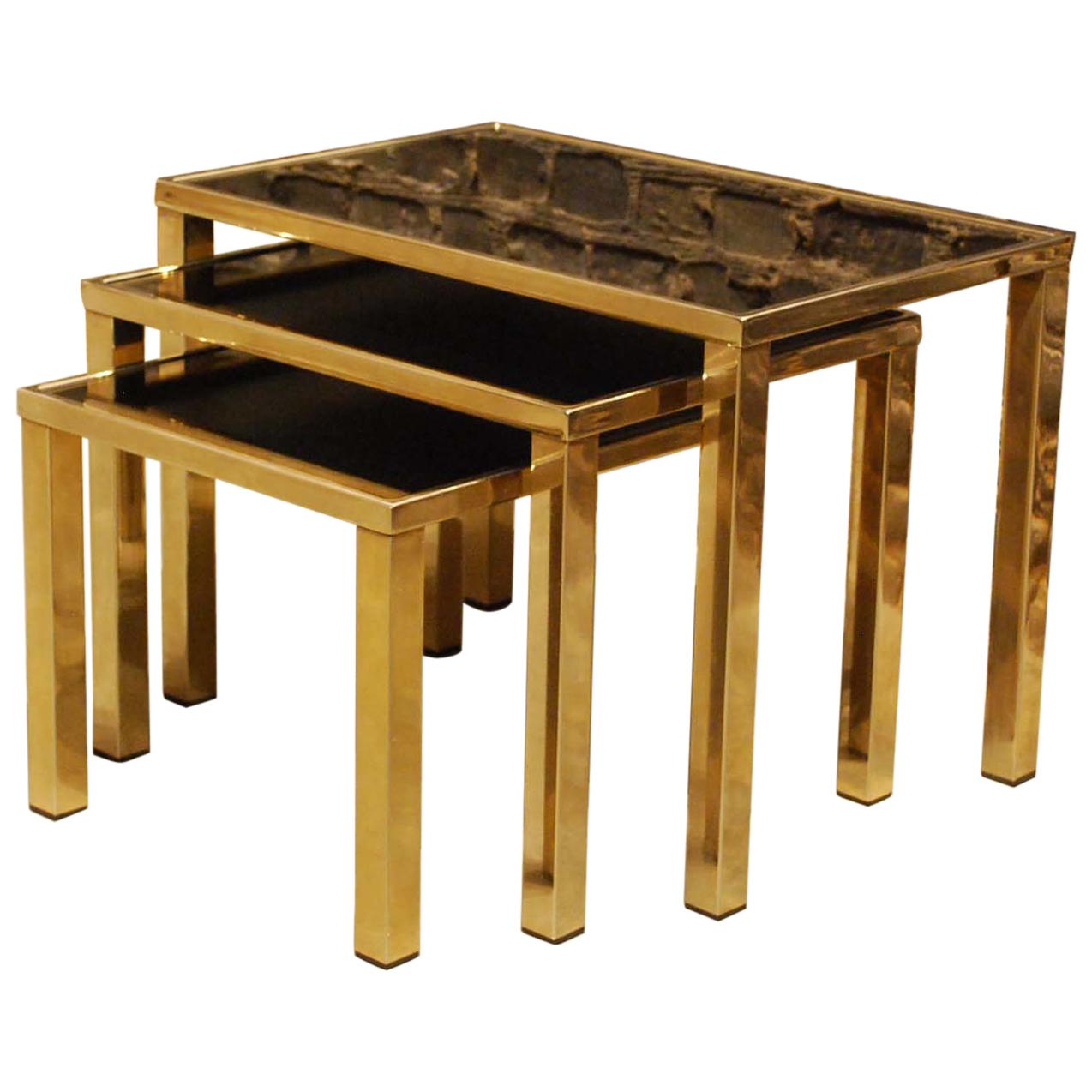 Set of Three 23-Carat Gold Plated Modern Regency Nesting Tables by Belgo Chrom For Sale