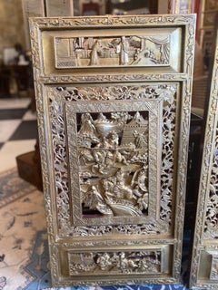 Set of Three '3' Chinese Gold Leafed Hand Carved Plaques / Screens