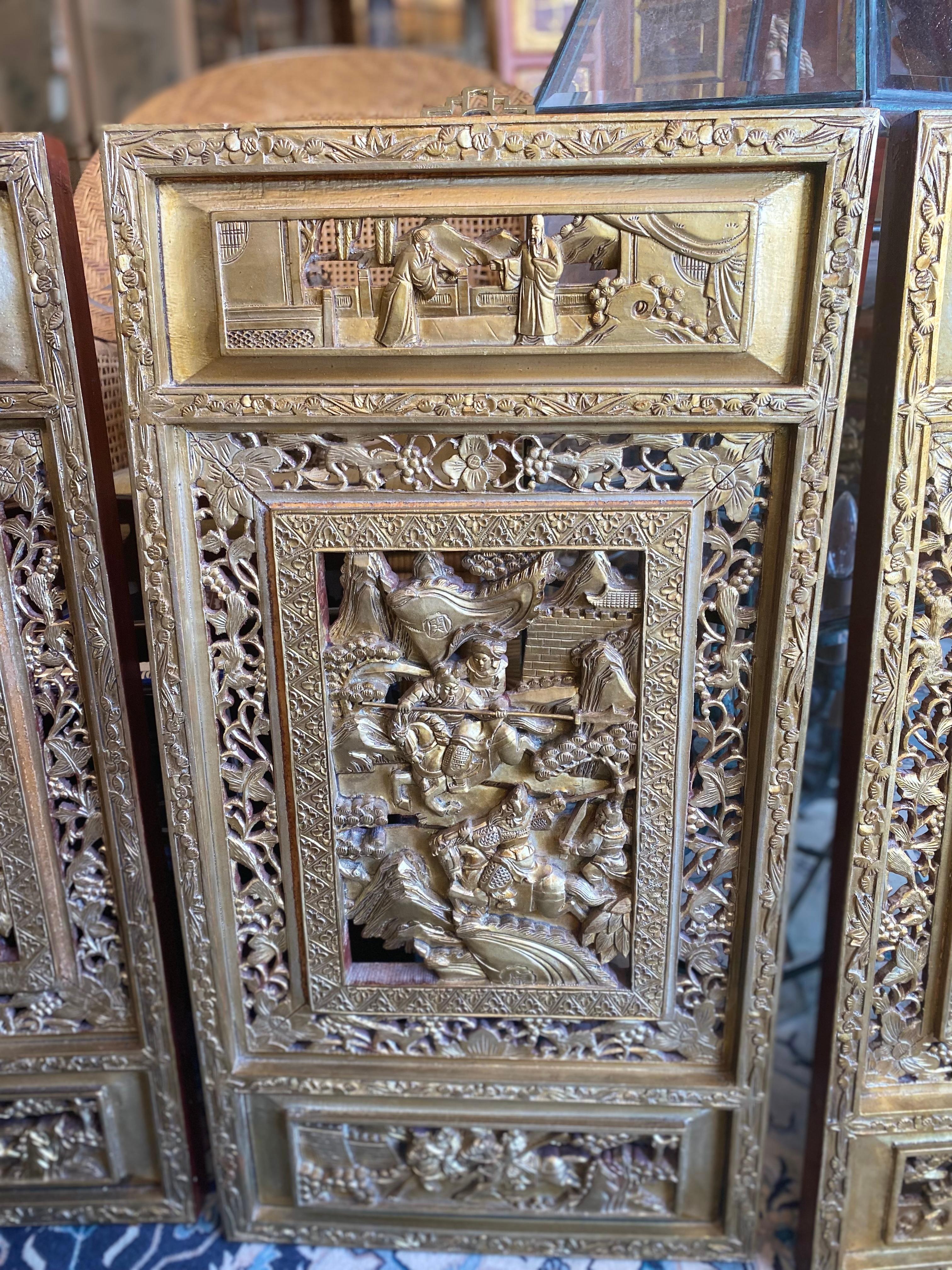Chinese Export Set of Three '3' Chinese Gold Leafed Hand Carved Plaques / Screens For Sale