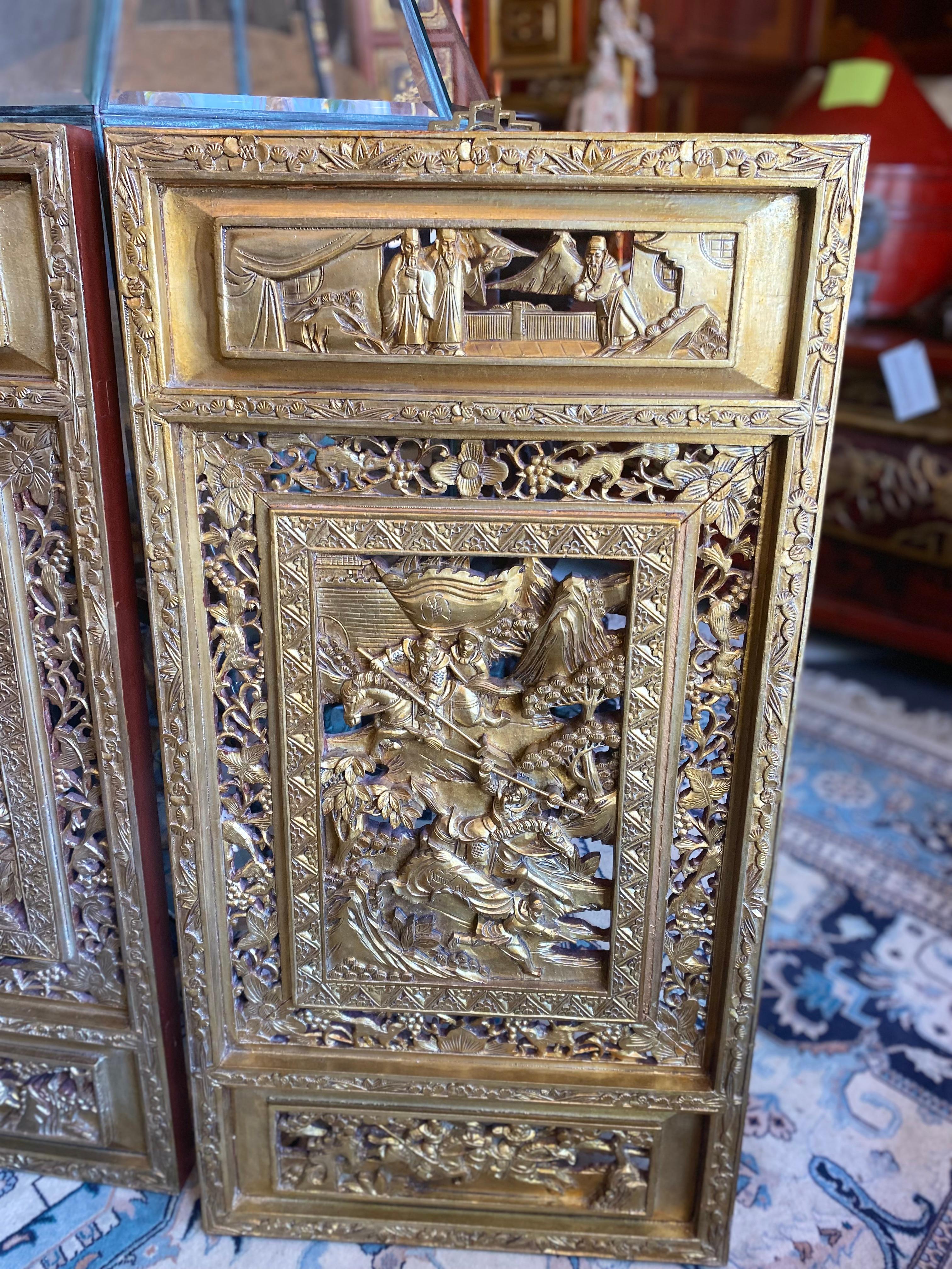 Hand-Carved Set of Three '3' Chinese Gold Leafed Hand Carved Plaques / Screens For Sale