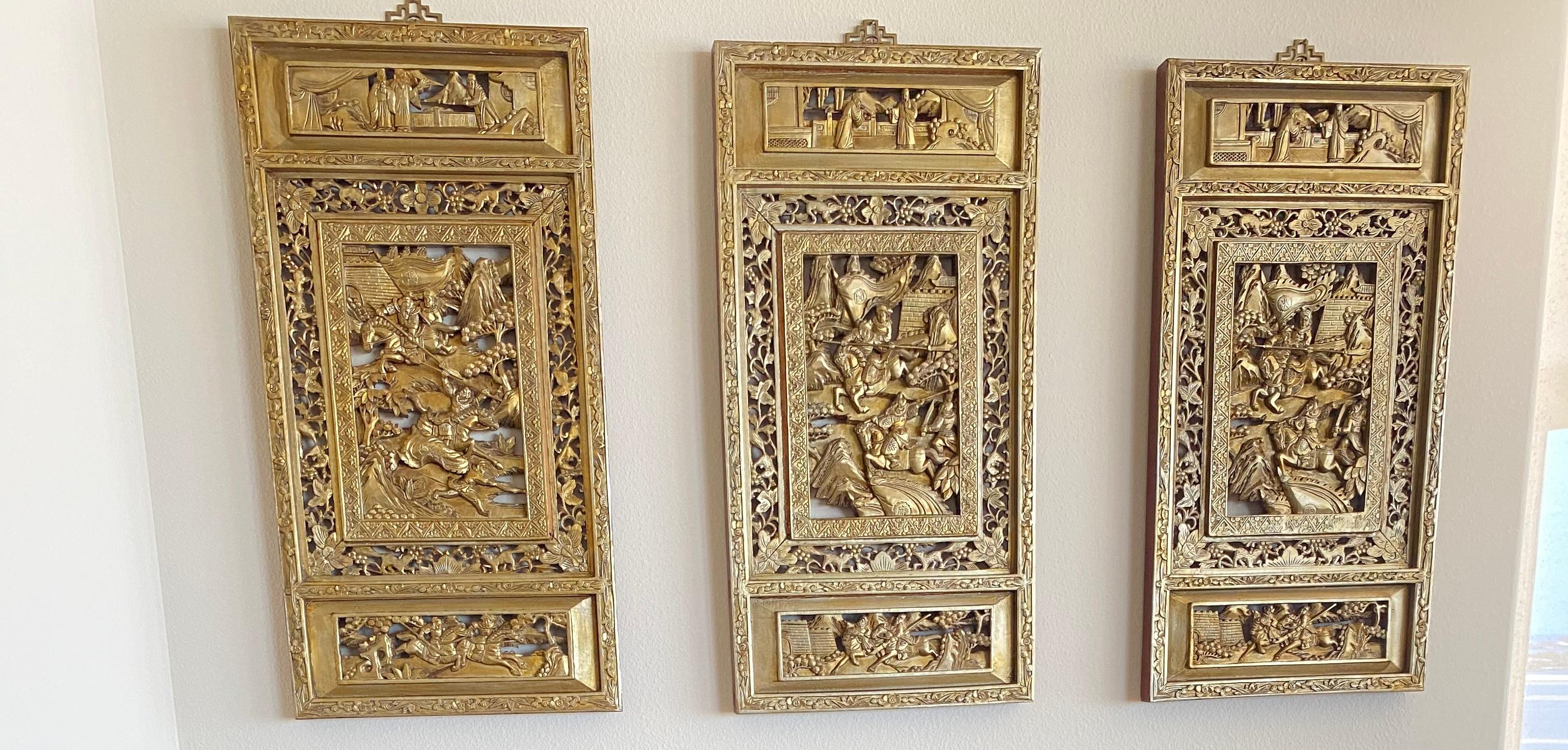 Mid-20th Century Set of Three '3' Chinese Gold Leafed Hand Carved Plaques / Screens For Sale