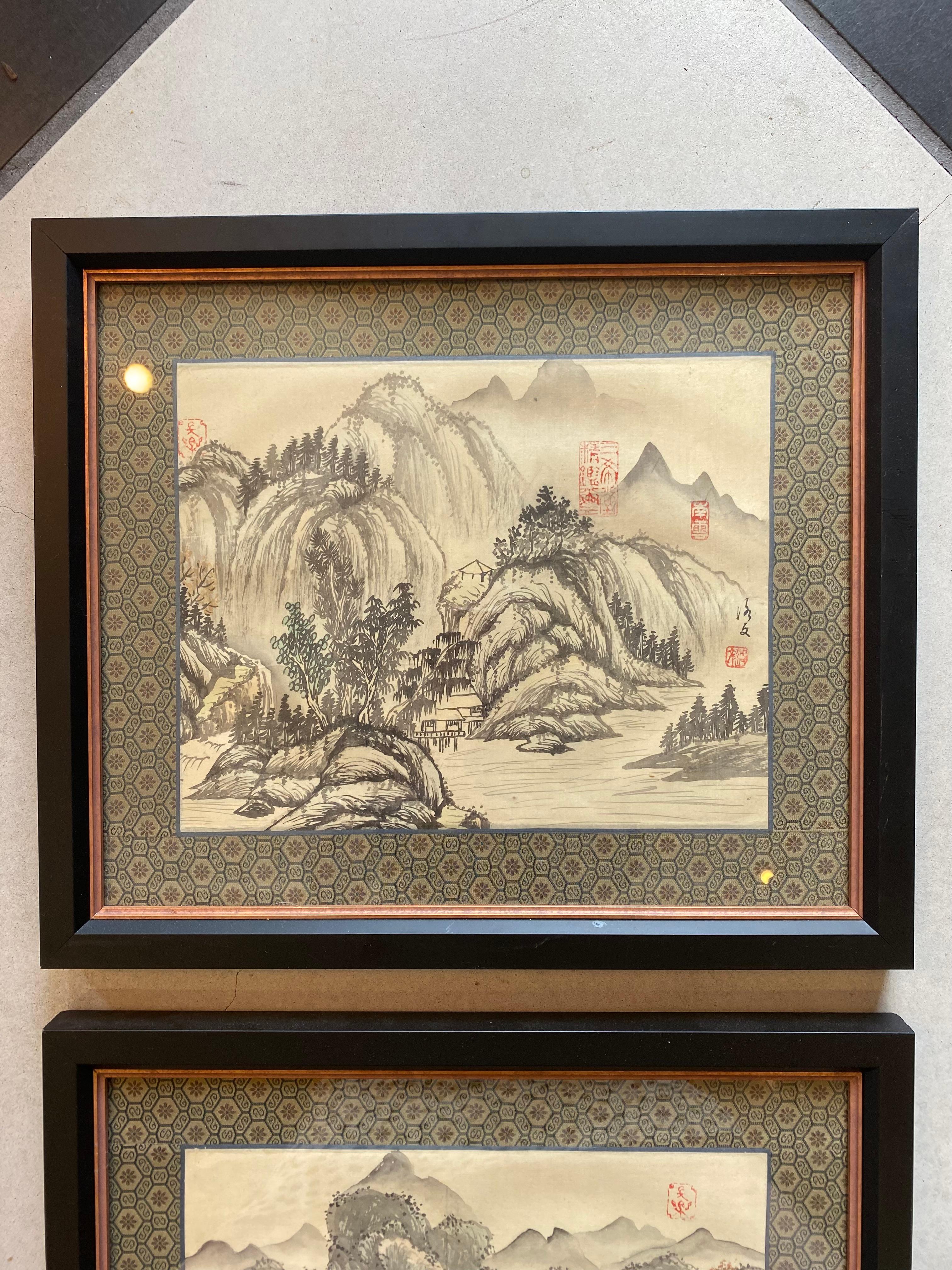 This set of 3 (three) is of landscapes and mountains all hand painted watercolors on a mono rice paper with a red ink signature.