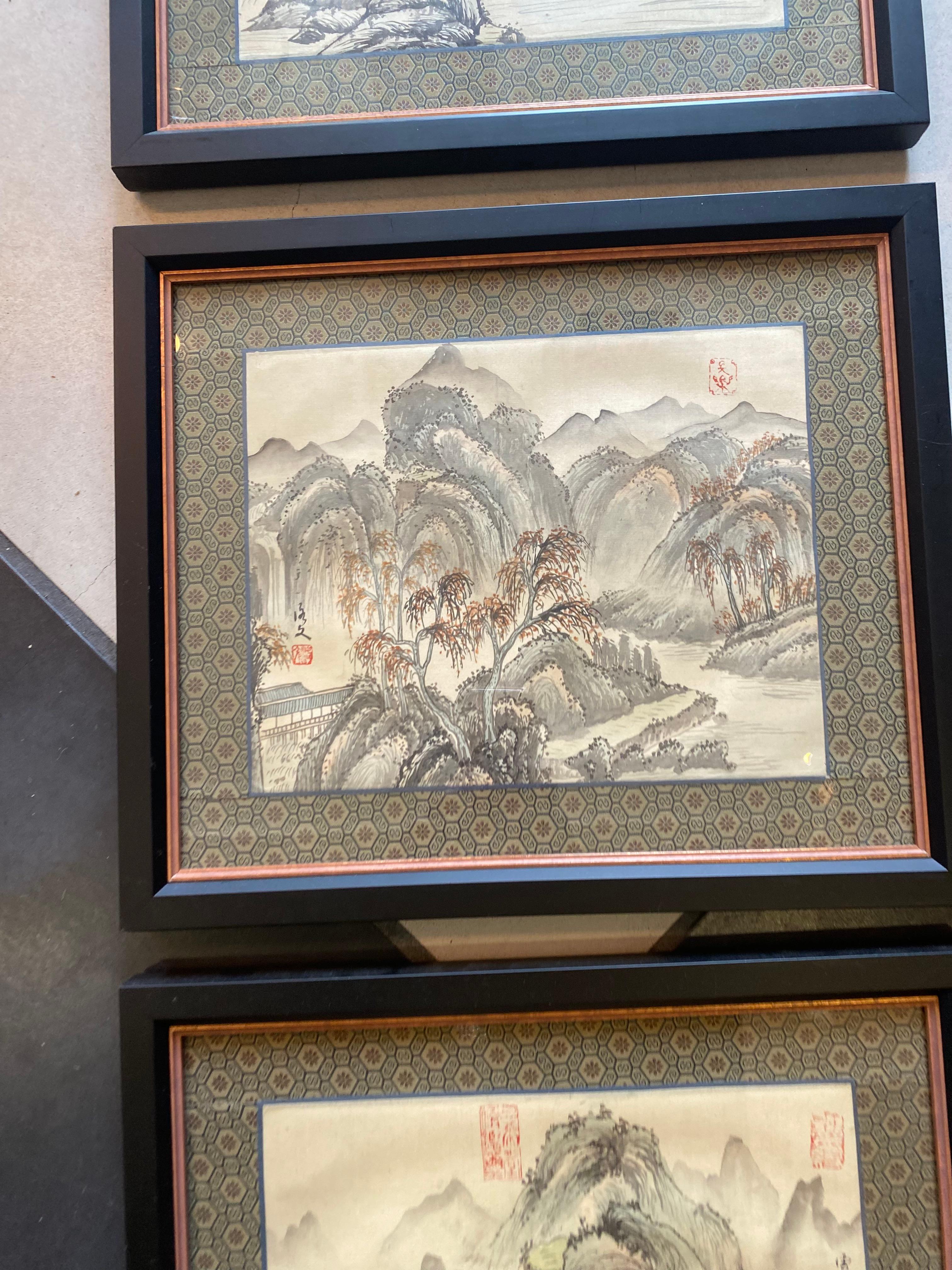 Hand-Painted Set of Three '3' Framed Japanese Watercolors For Sale