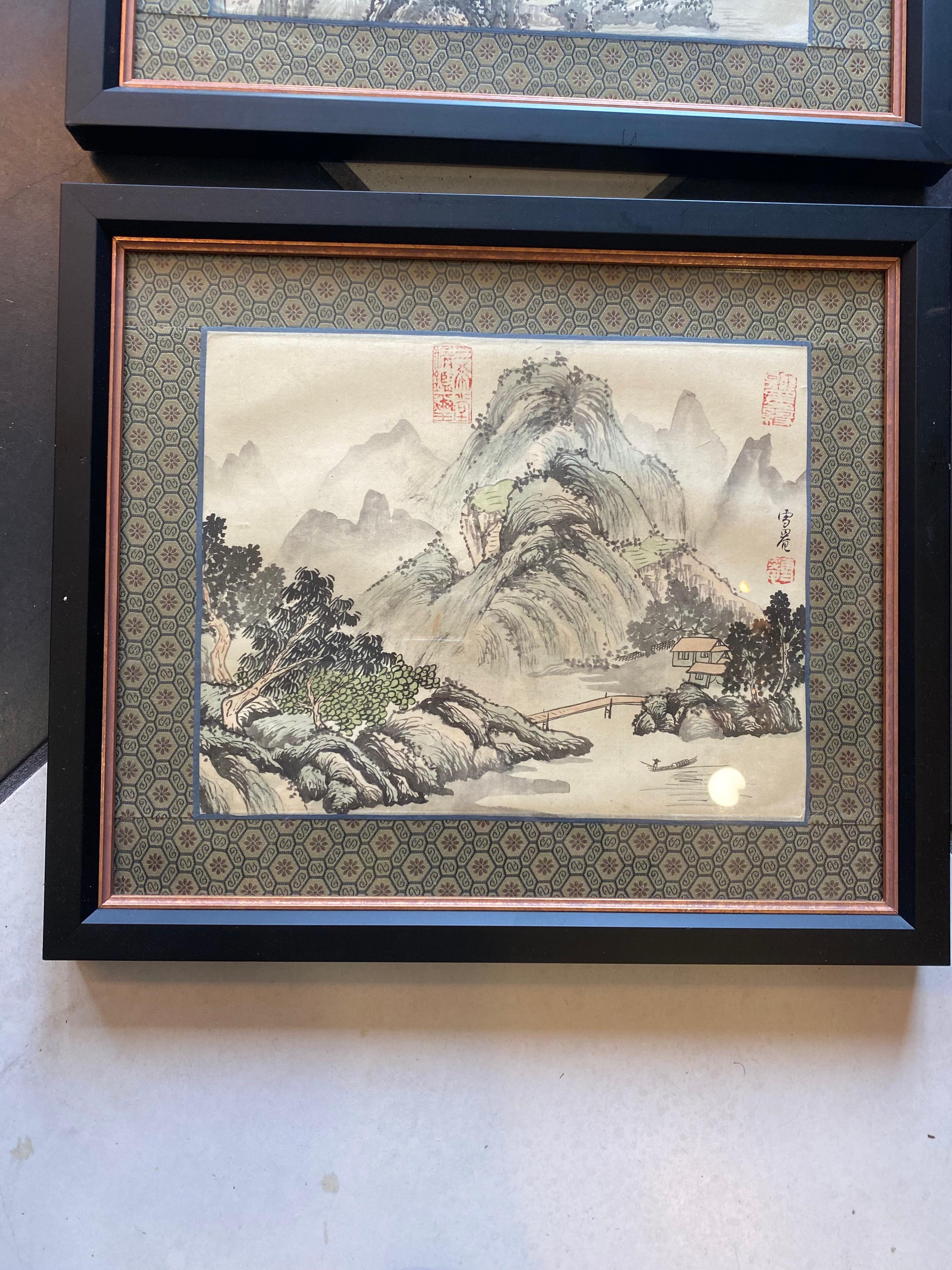 Set of Three '3' Framed Japanese Watercolors In Good Condition For Sale In Sarasota, FL