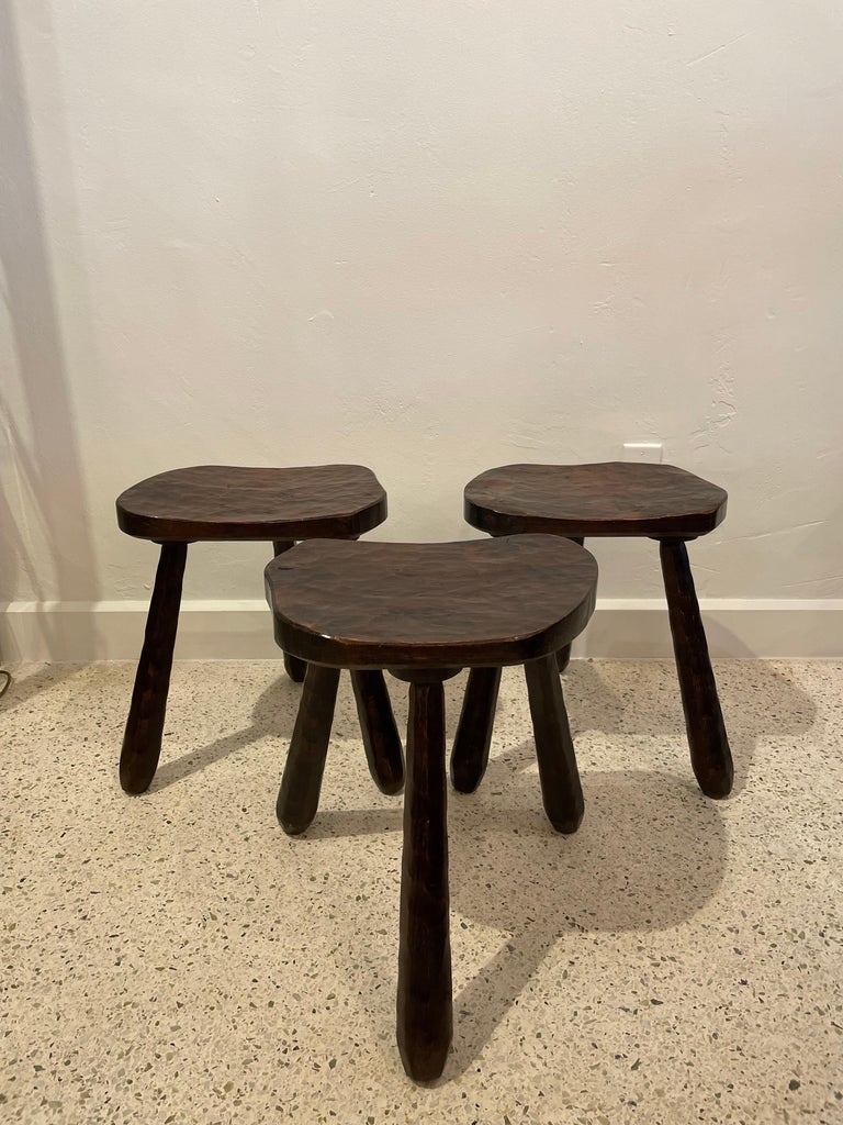 French Set of Three '3' Hand Carved Wood Primitive Stools For Sale
