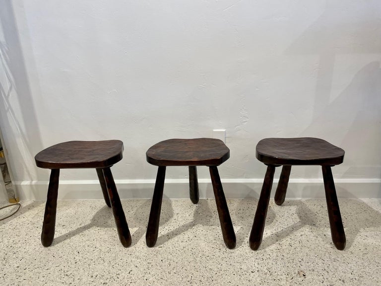 Set of Three '3' Hand Carved Wood Primitive Stools For Sale 1