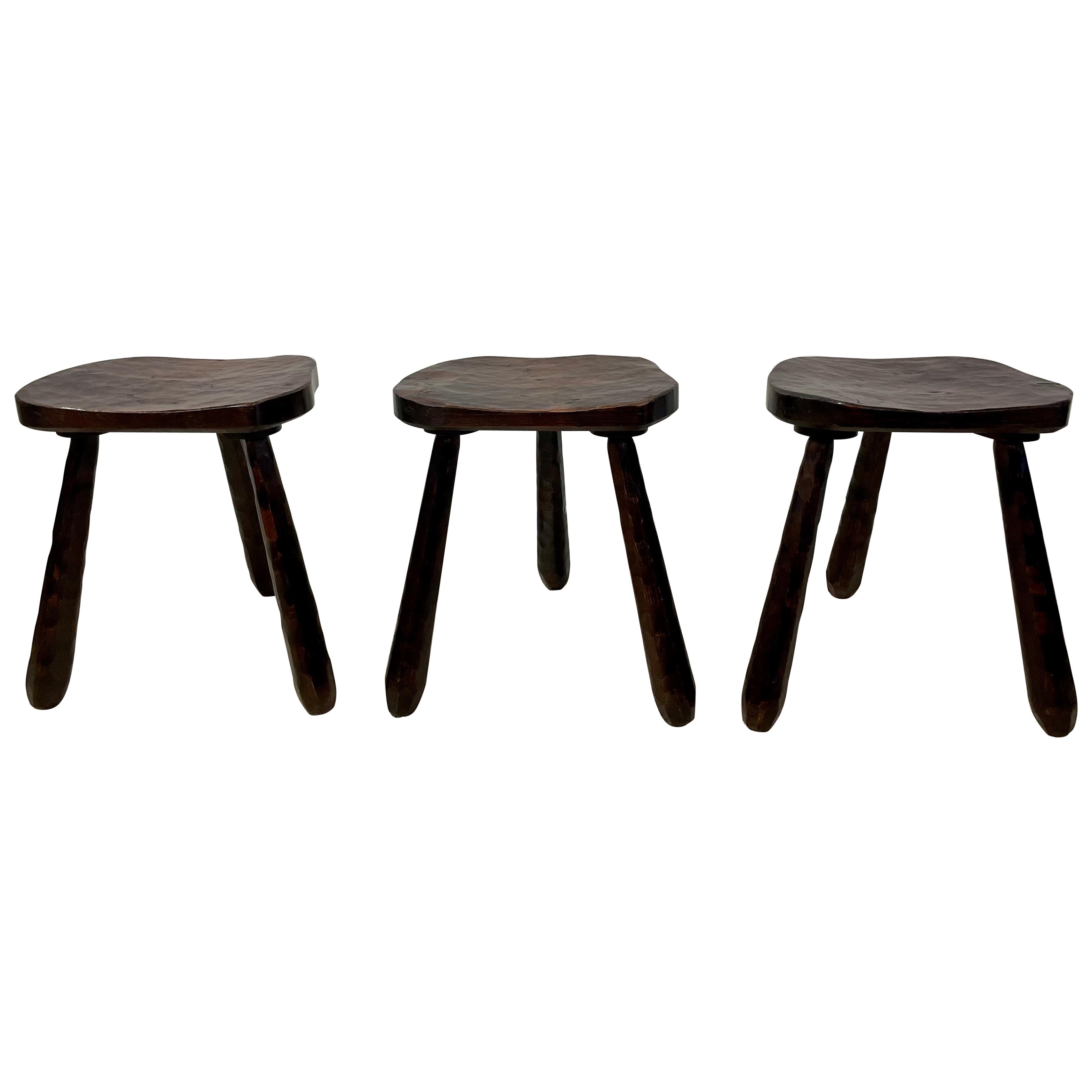 Set of Three '3' Hand Carved Wood Primitive Stools