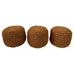 Set of Three (3) Hand-Woven Nautical Rope Pouf Ottomans Style of Audoux Minet