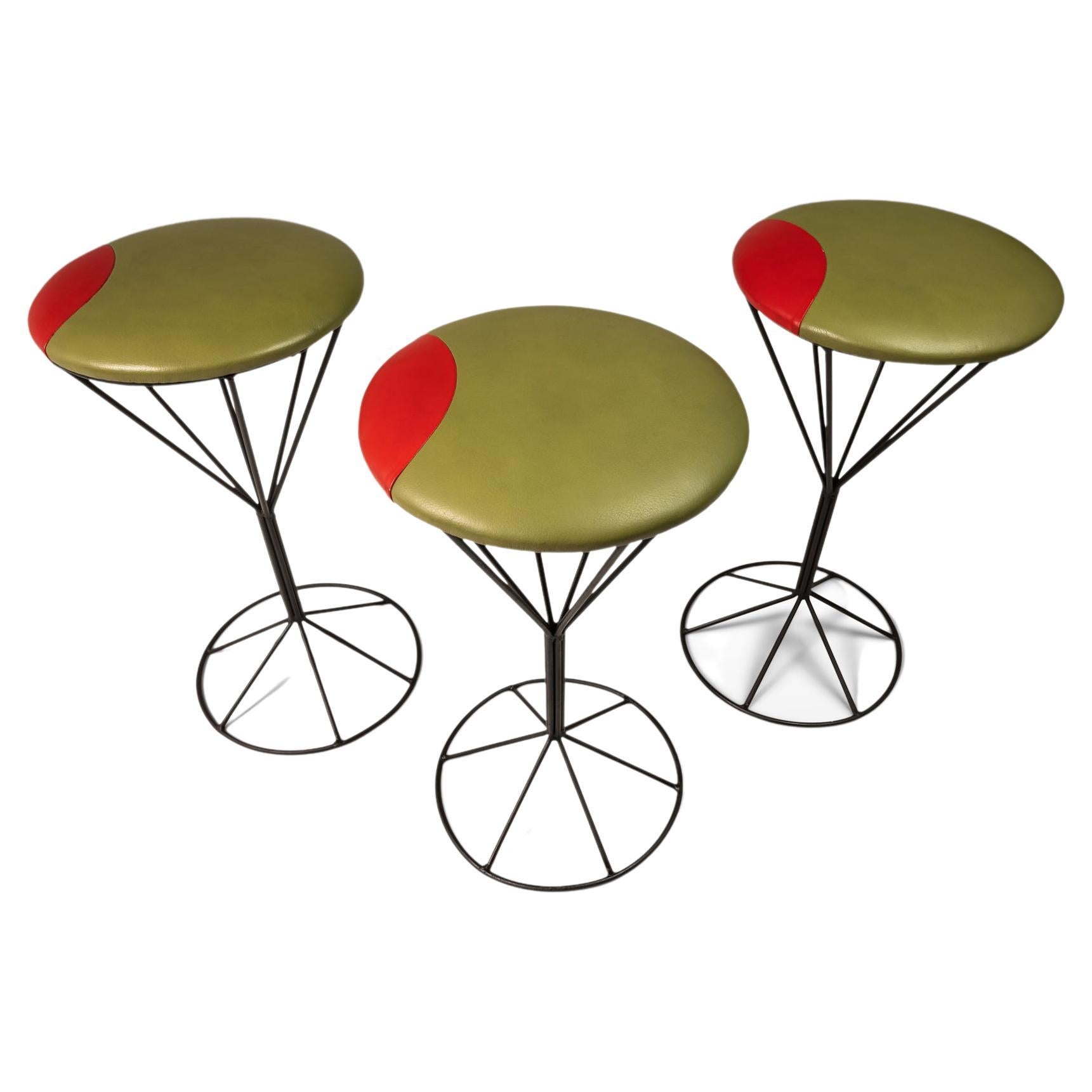 Set of Three ( 3 ) Martini Barstools in Wrought Iron in the Manner of Tony Paul