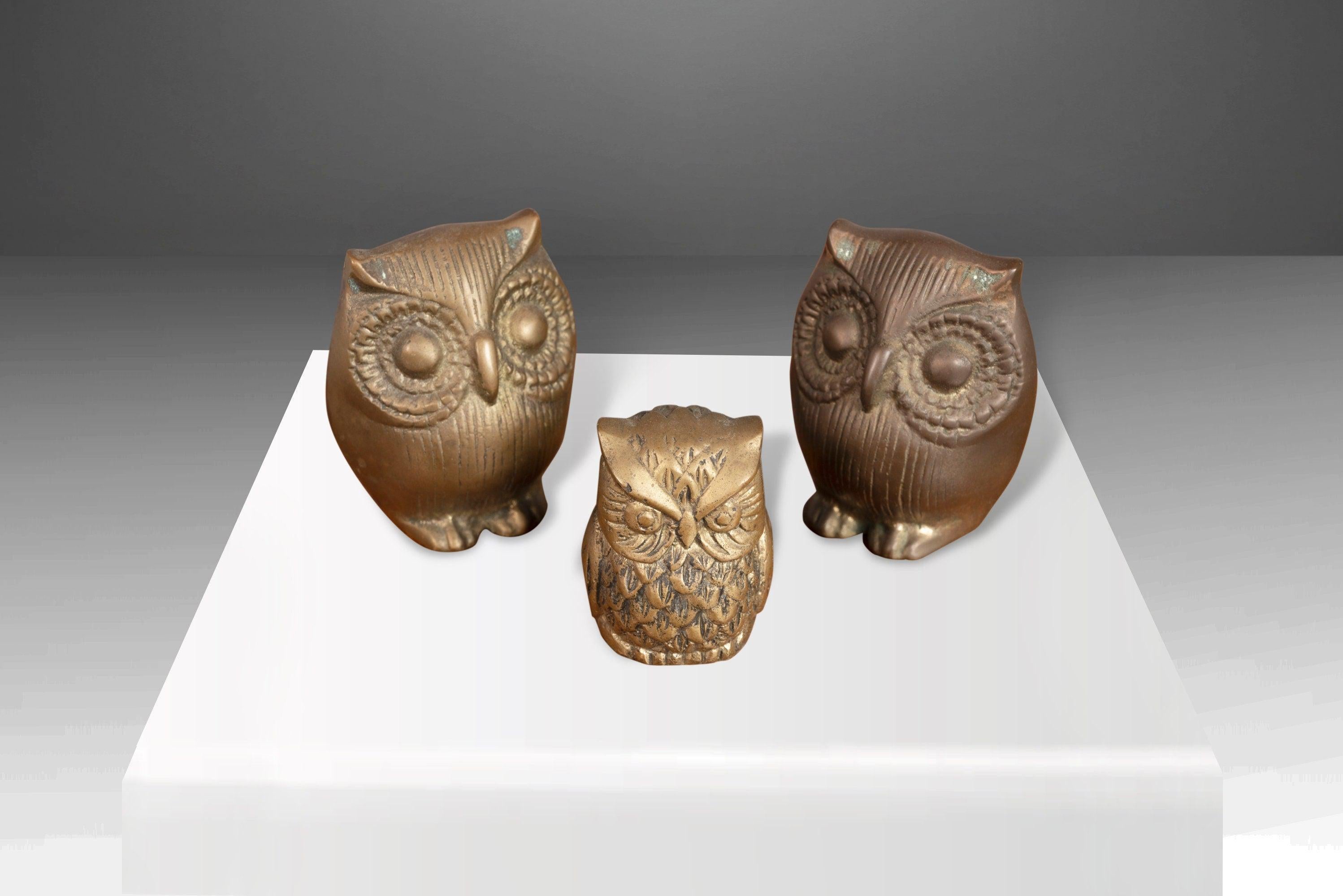 Mid-Century Modern Set of Three (3) Mid Century Brass Owl Paperweights, Korea, c. 1970's
