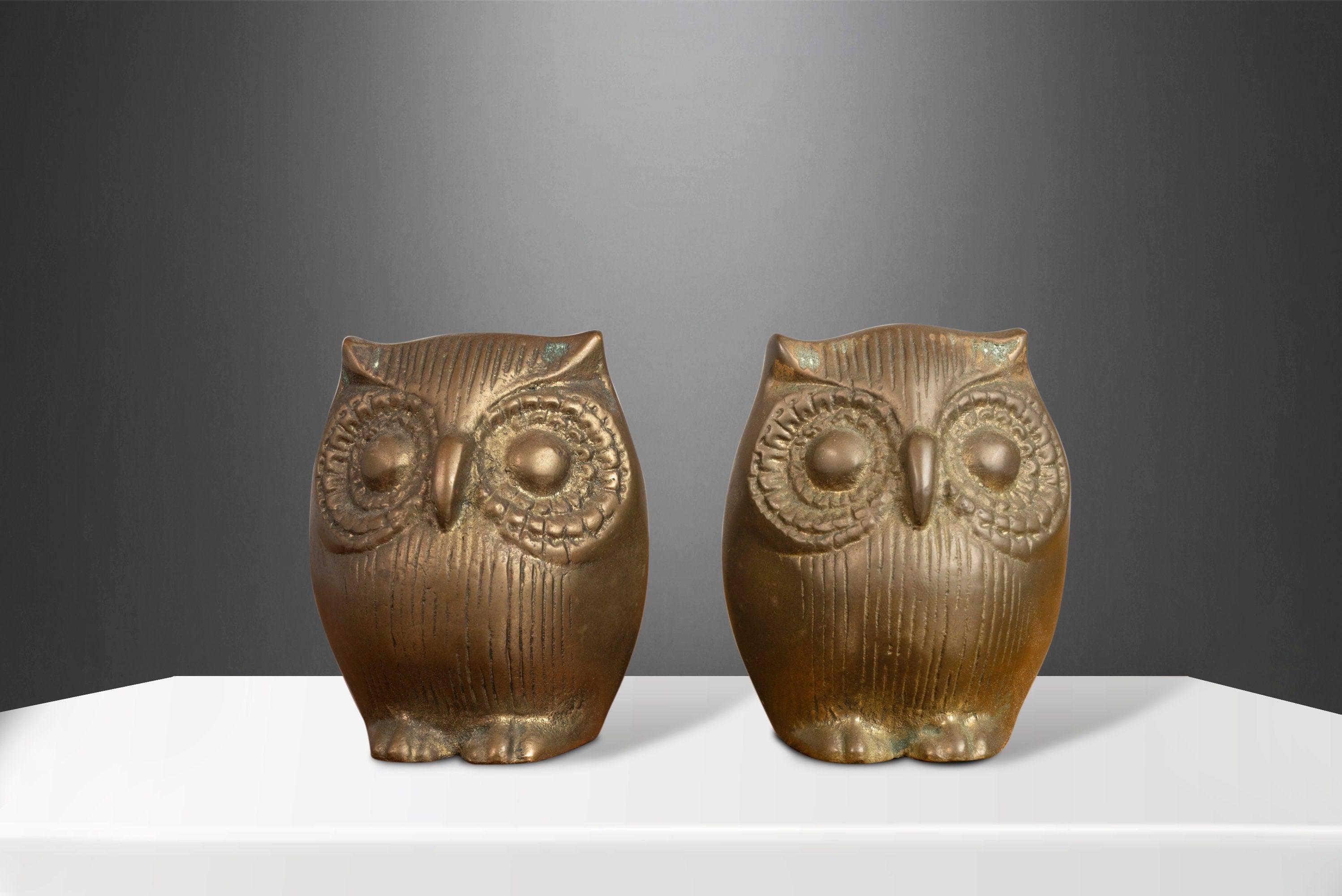 South Korean Set of Three (3) Mid Century Brass Owl Paperweights, Korea, c. 1970's