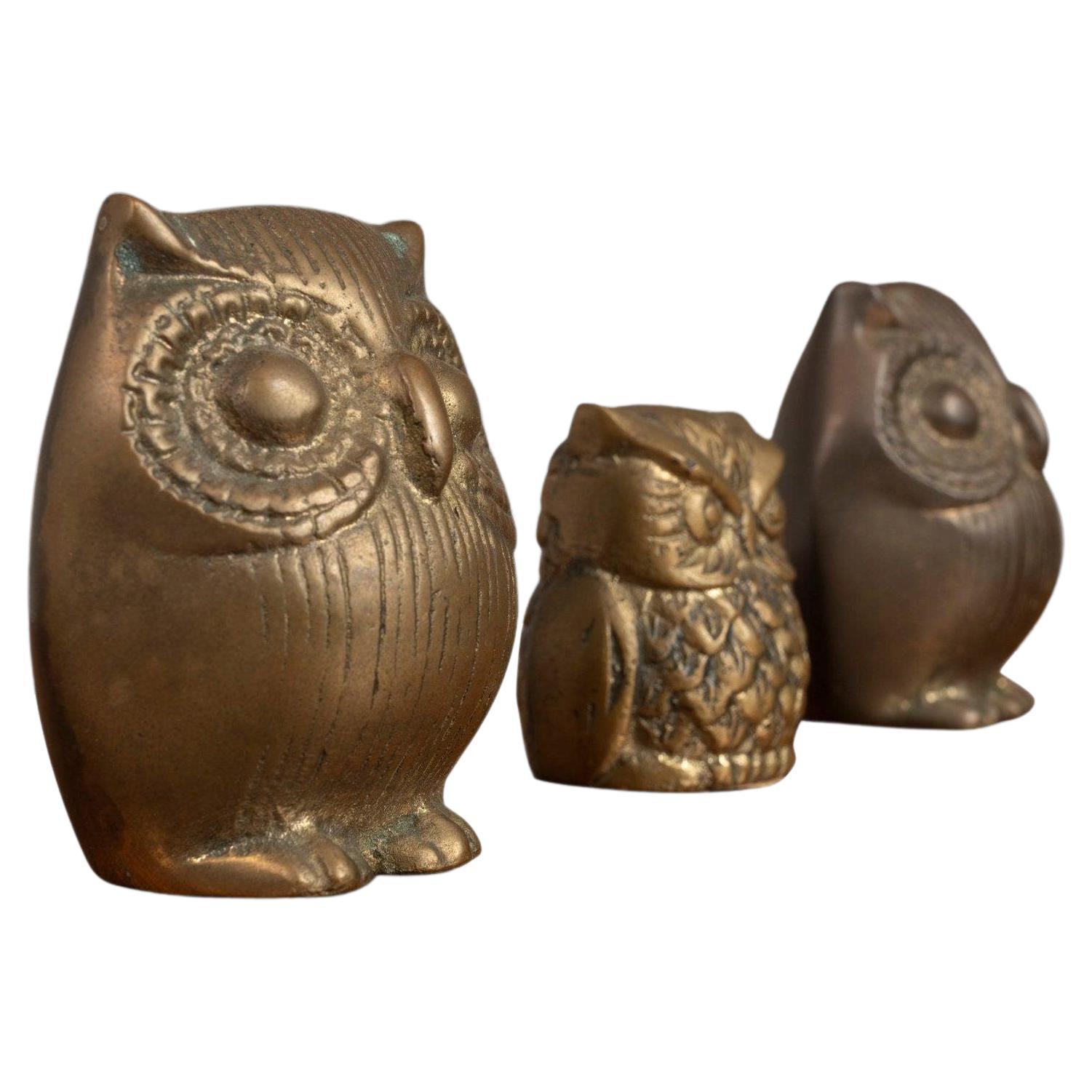 Set of Three (3) Mid Century Brass Owl Paperweights, Korea, c. 1970's