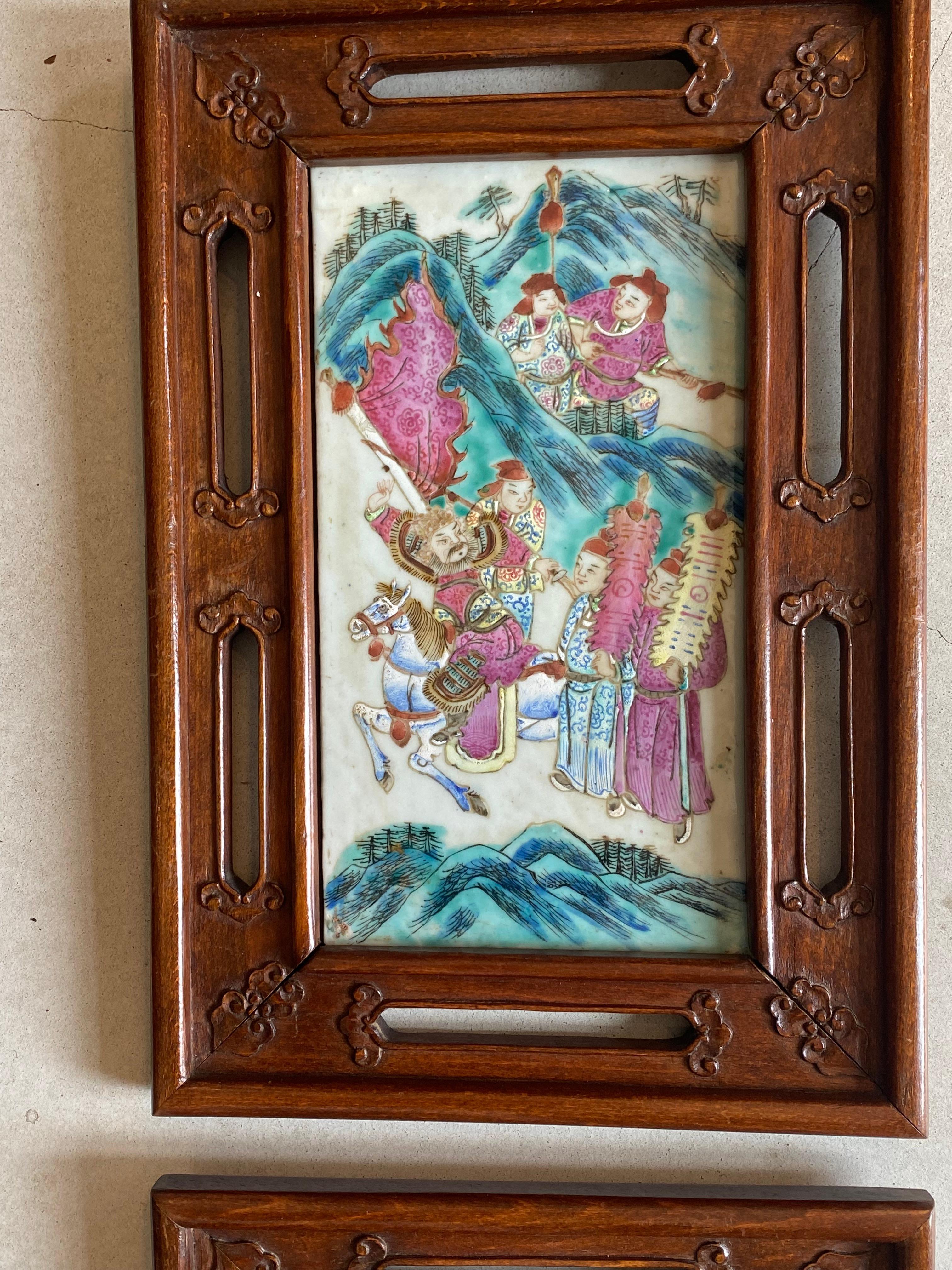 Ths Set of 3 (three) is hand painted in the traditional way of Asian porcelain painting by hand in th 1900's century. Very colorful having rosewood hand made frames and picturing Warriors in each.