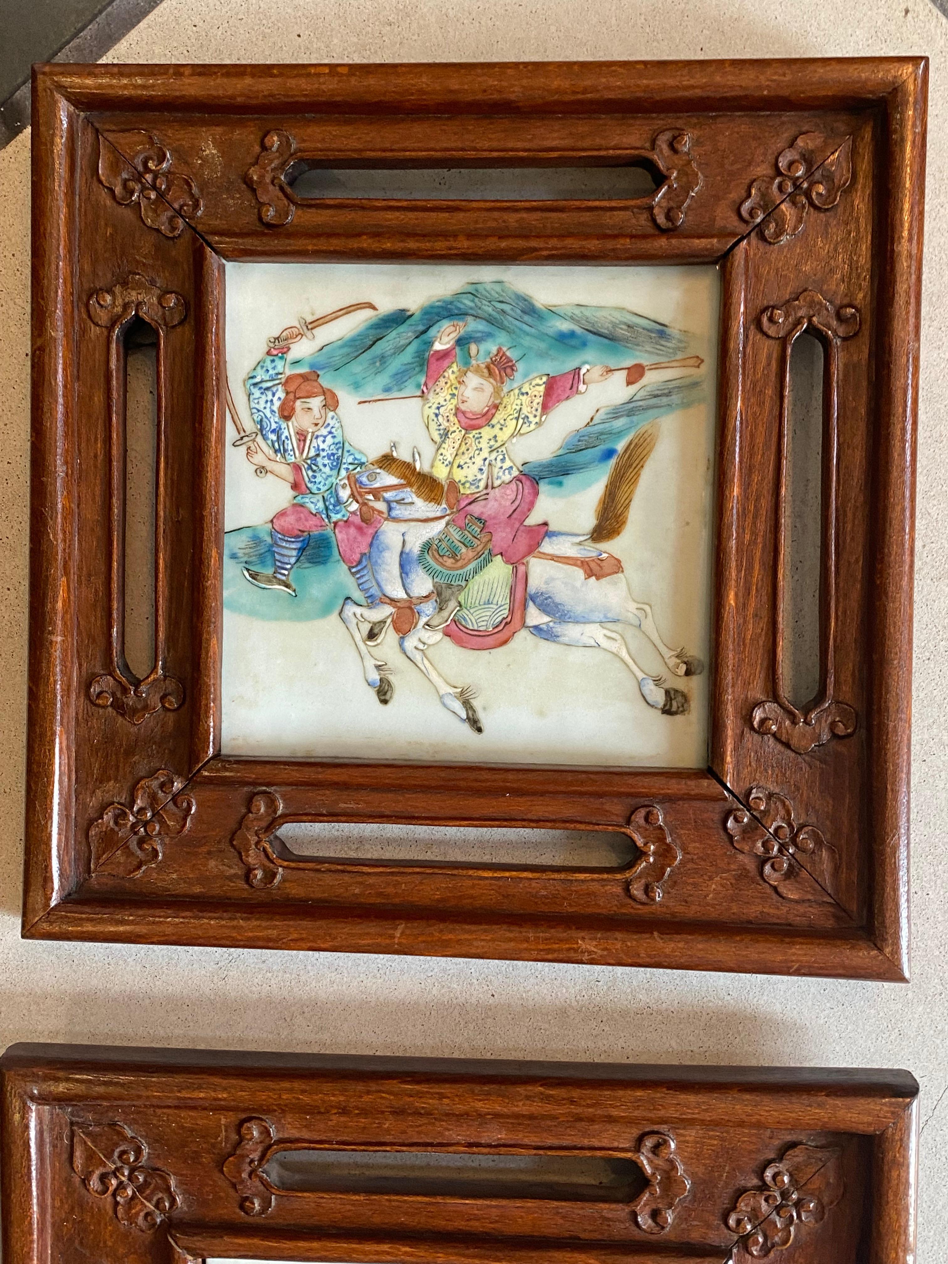 Chinese Export Set of Three '3' Porcelain Paintings of Warriors Framed in Rosewood